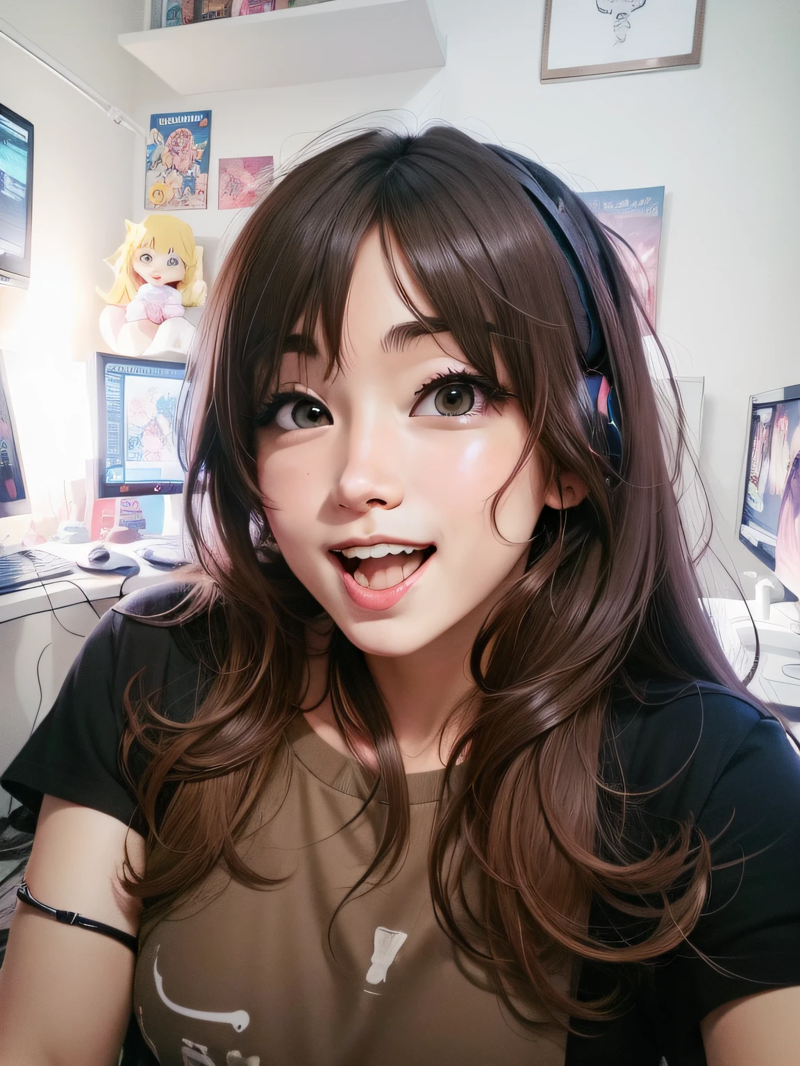 anime style, smiling, cartoon, gamer room,