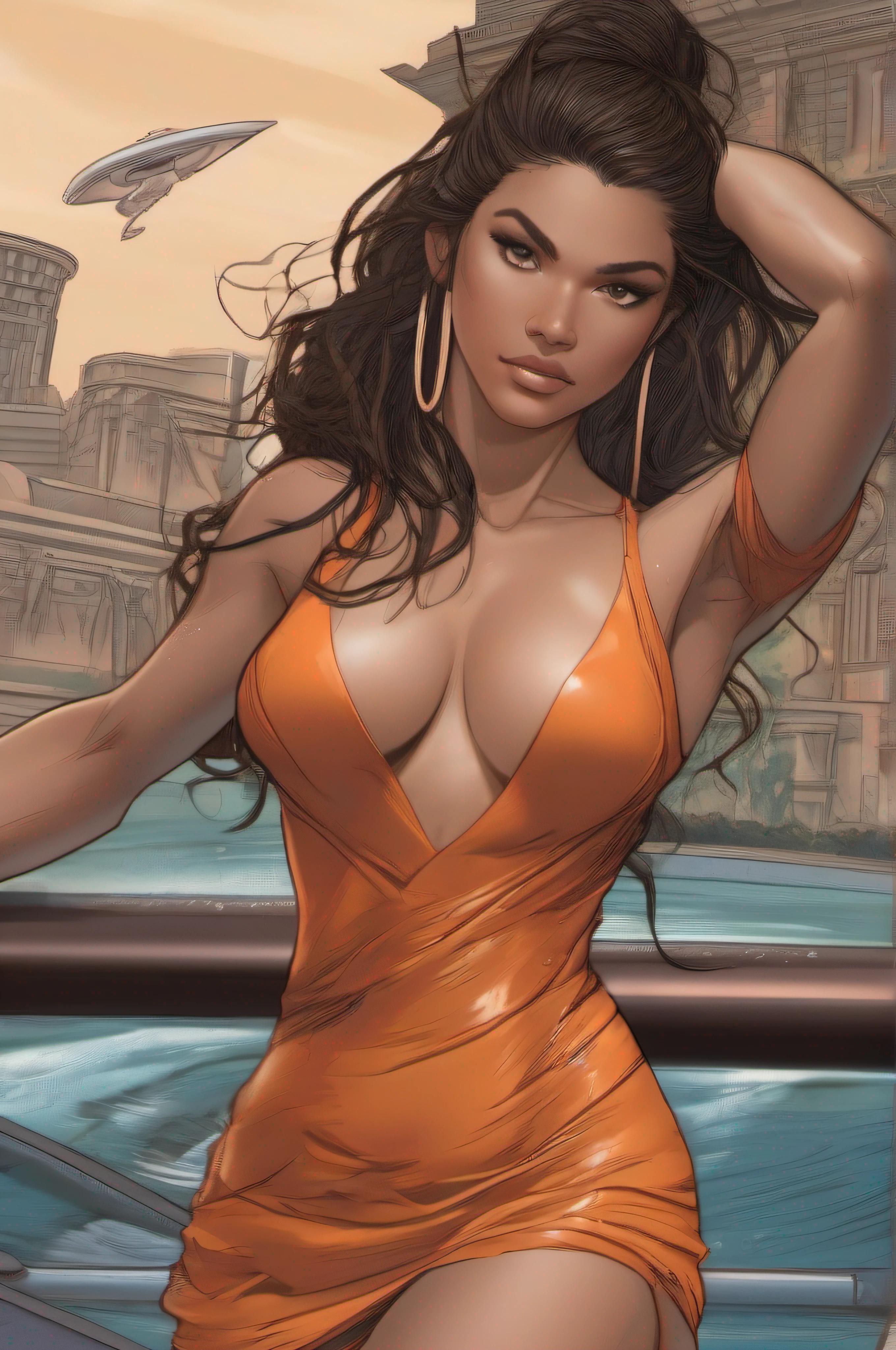 A dark brown-haired photographically tanned and muscular 25-year-old Zendaya wears a short orange Egyptian flapping cloak, with bare shoulders and a gigantic deep neckline, as she runs along the quay of a river flowing through a futuristic Egyptian city with her wet hair and clothes flapping in the rough wind. (massive breasts, dark brown nipples, attractive body :1.4), sit-ups :1.1, ), (wet rainy, wet by rain, wet body :1.2), ((thin waist)), ((nude:1.4)), ultra-detailed face, detailed lips, detailed eyes, double eyelid, visible veins and curves, pool party, pool.