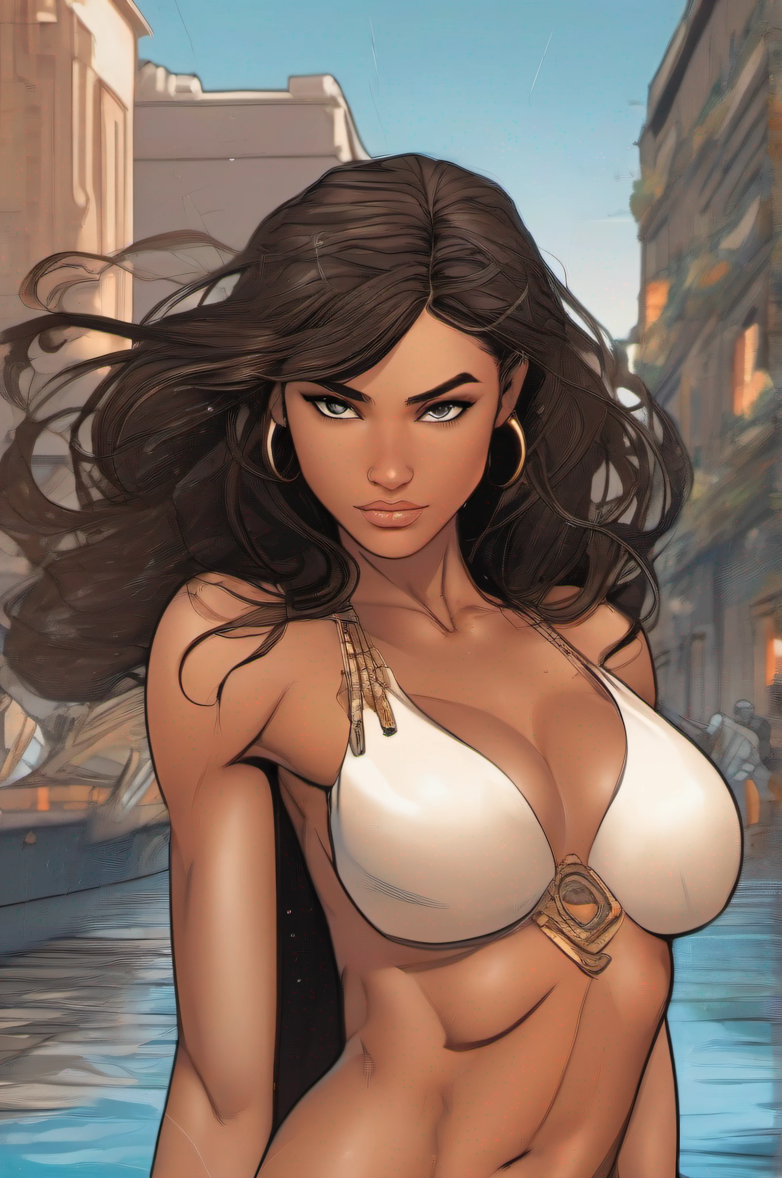 A dark brown-haired photographically tanned and muscular 25-year-old Zendaya wears a short orange Egyptian flapping cloak, with bare shoulders and a gigantic deep neckline, as she runs along the quay of a river flowing through a futuristic Egyptian city with her wet hair and clothes flapping in the rough wind. (massive breasts, dark brown nipples, attractive body :1.4), sit-ups :1.1, ), (wet rainy, wet by rain, wet body :1.2), ((thin waist)), ((nude:1.4)), ultra-detailed face, detailed lips, detailed eyes, double eyelid, visible veins and curves, pool party, pool.