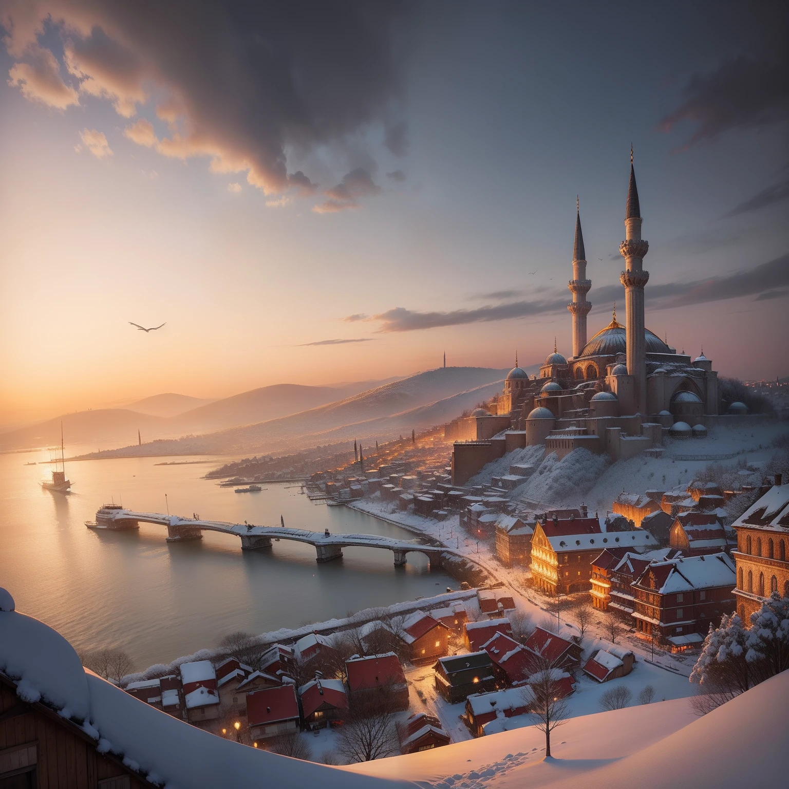 portrait of Istanbul view from 1900s in a snowy day sunrising, fantasy art, by samdoesarts