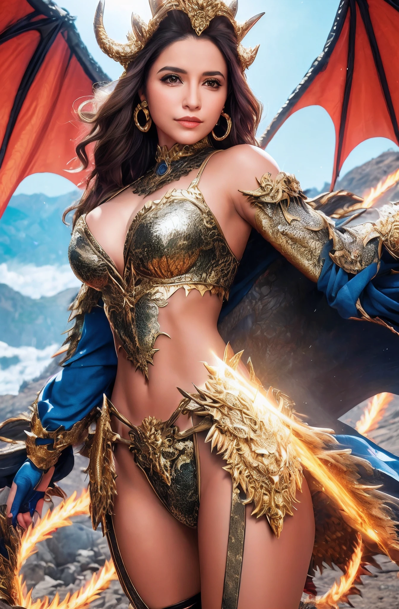 (16k, master part, best quality), ultra-detalhado, Olhos redondos bonitos detalhados, rosto lindamente detalhado, alta qualidade, high resolution, The Dragon Queen with her dragons, dragon outfit, deusa, rosto perfeito, corpo perfeito, mama grande, ((noite)), mulheres maduras, ao ar livre, fundo da montanha