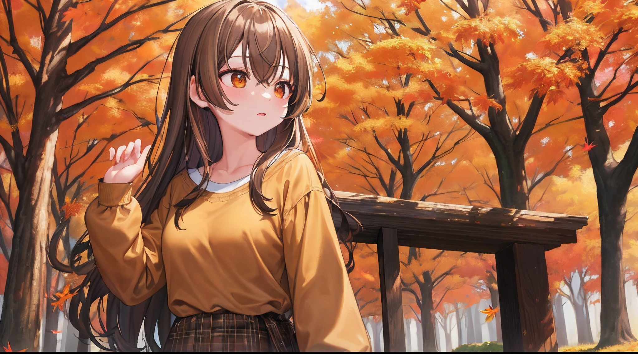 (mksks style, detailed background:1.1), nanashi_mumei, feather, solo, brown shirt, brown hair, long hair, comfy, (outdoors, spring \(season\), autumn:1.3), long sleeves,