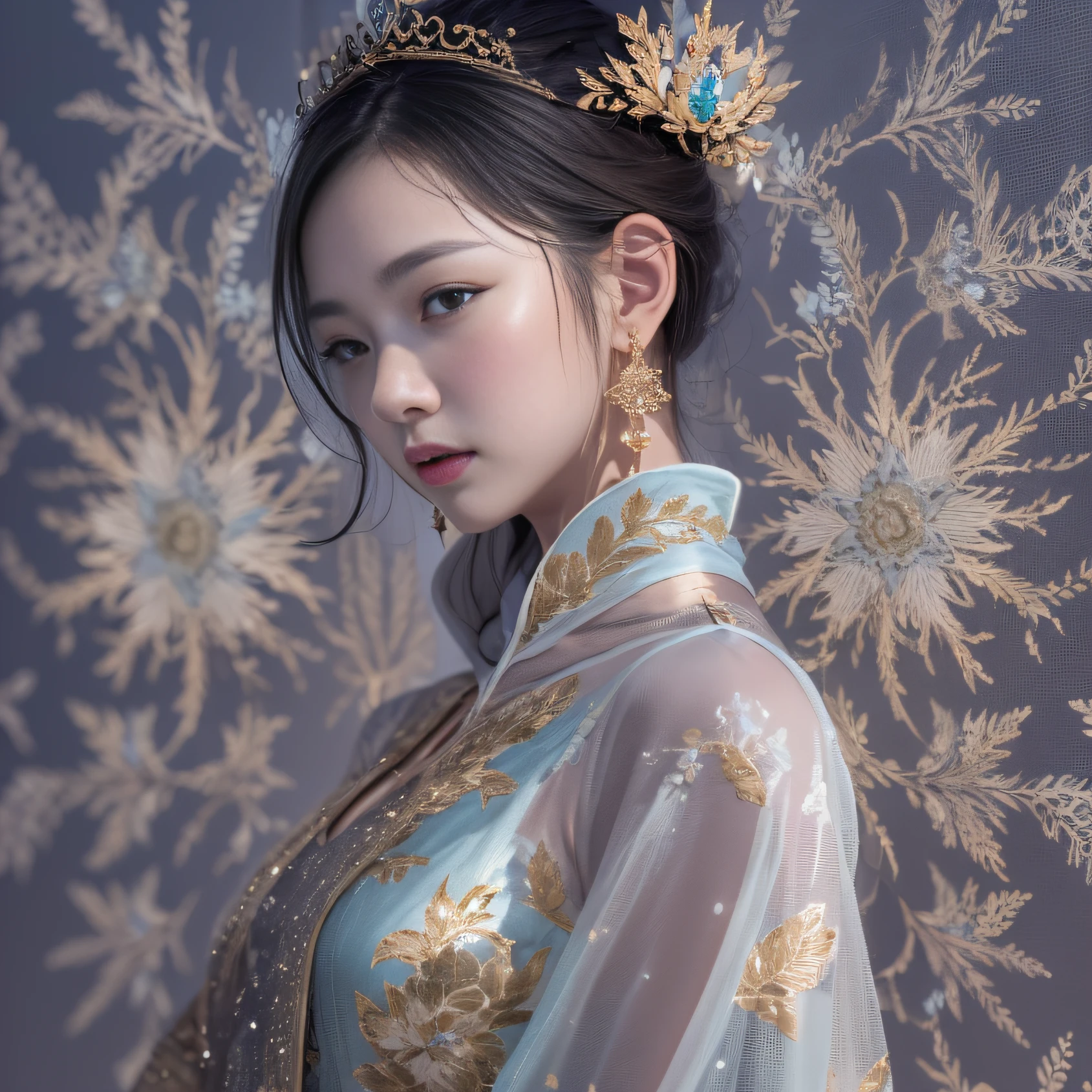 32K(tmasterpiece,k hd,hyper HD,32K)short detailed hair,Gold jewelry area in the back room,Flame Girl ,Yao Lang protector (realisticlying:1.4),Python pattern robe,Purple-pink tiara,Snowflakes fluttering,The background is pure,Hold your head high,Be proud,The nostrils look at people, A high resolution, the detail, RAW photogr, Sharp Re, Nikon D850 Film Stock Photo by Jefferies Lee 4 Kodak Portra 400 Camera F1.6 shots, Rich colors, ultra-realistic vivid textures, Dramatic lighting, Unreal Engine Art Station Trend, cinestir 800,Hold your head high,Be proud,The nostrils look at people