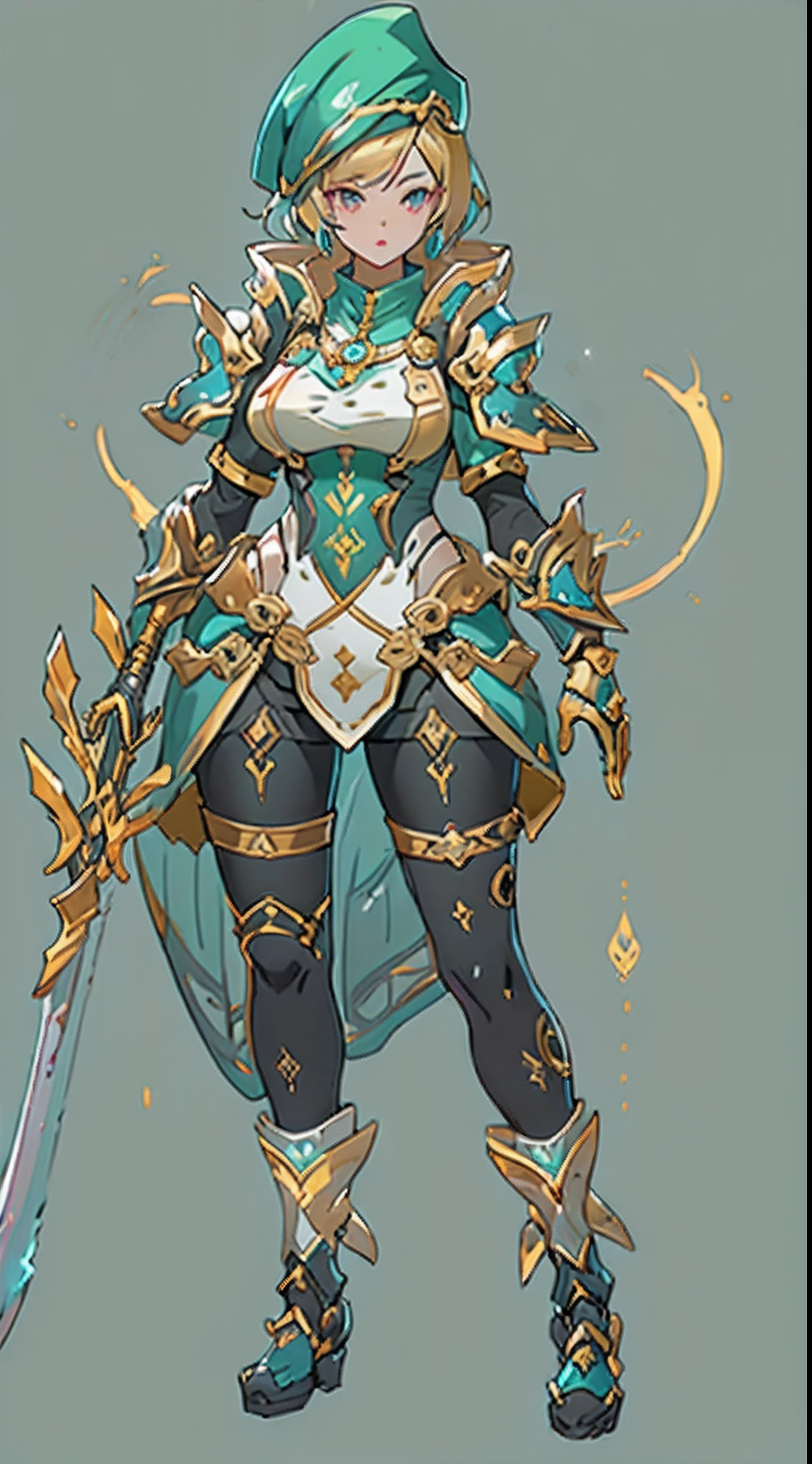 Design a layout showcase Gaming character, (1girl). Golden+Purle clothes, stylish and unique, ((showcase weapon:1.4)), magic staff, (masterpiece:1.2), (best quality), 4k, ultra-detailed, (Step by step design, layout art:1.5), (luminous lighting, atmospheric lighting), Final Fantasy style, magican, ((glove full hands)), fran, viera, (((revealing clothes:1.3))), vambraces, armored legwear, (((full_body_shot:1.4))), Niji
