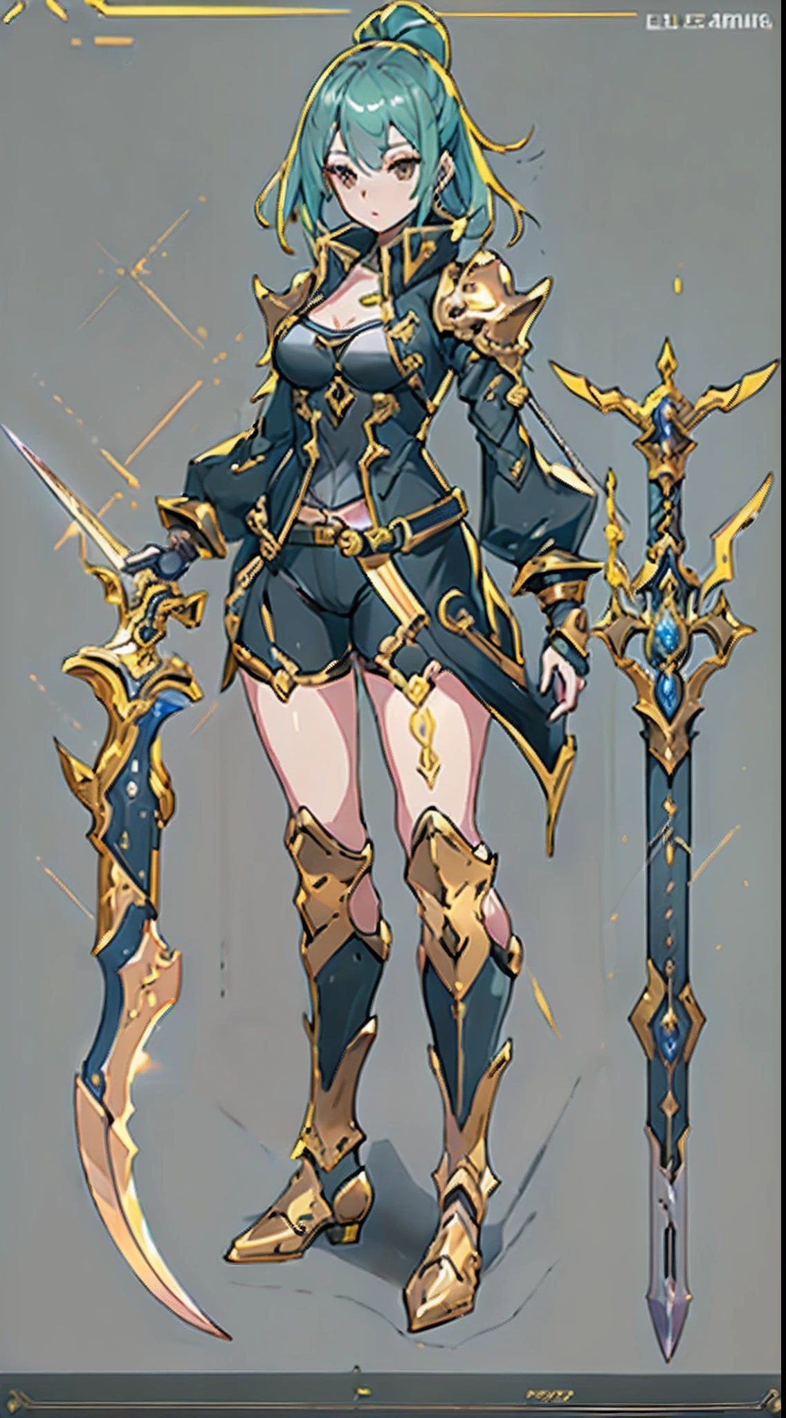 Design a layout showcase Gaming character, (1girl). Golden+Purle clothes, stylish and unique, ((showcase weapon:1.4)), magic staff, (masterpiece:1.2), (best quality), 4k, ultra-detailed, (Step by step design, layout art:1.5), (luminous lighting, atmospheric lighting), Final Fantasy style, magican, ((glove full hands)), fran, viera, (((revealing clothes:1.3))), vambraces, armored legwear, (((full_body_shot:1.4))), Niji