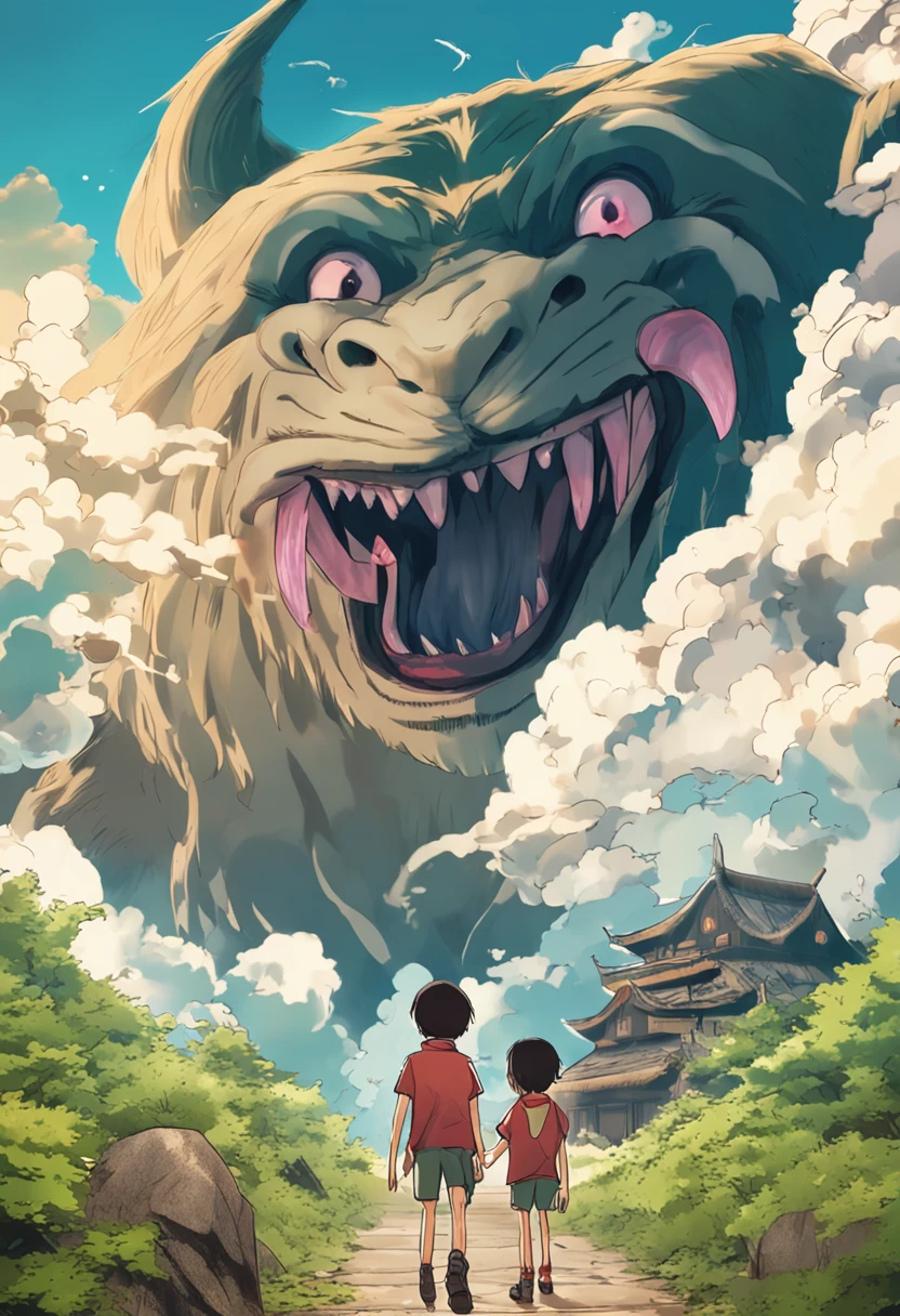 make me a movie poster in the style of studio ghibli's spirited away featuring eren yaeger from attack on titan