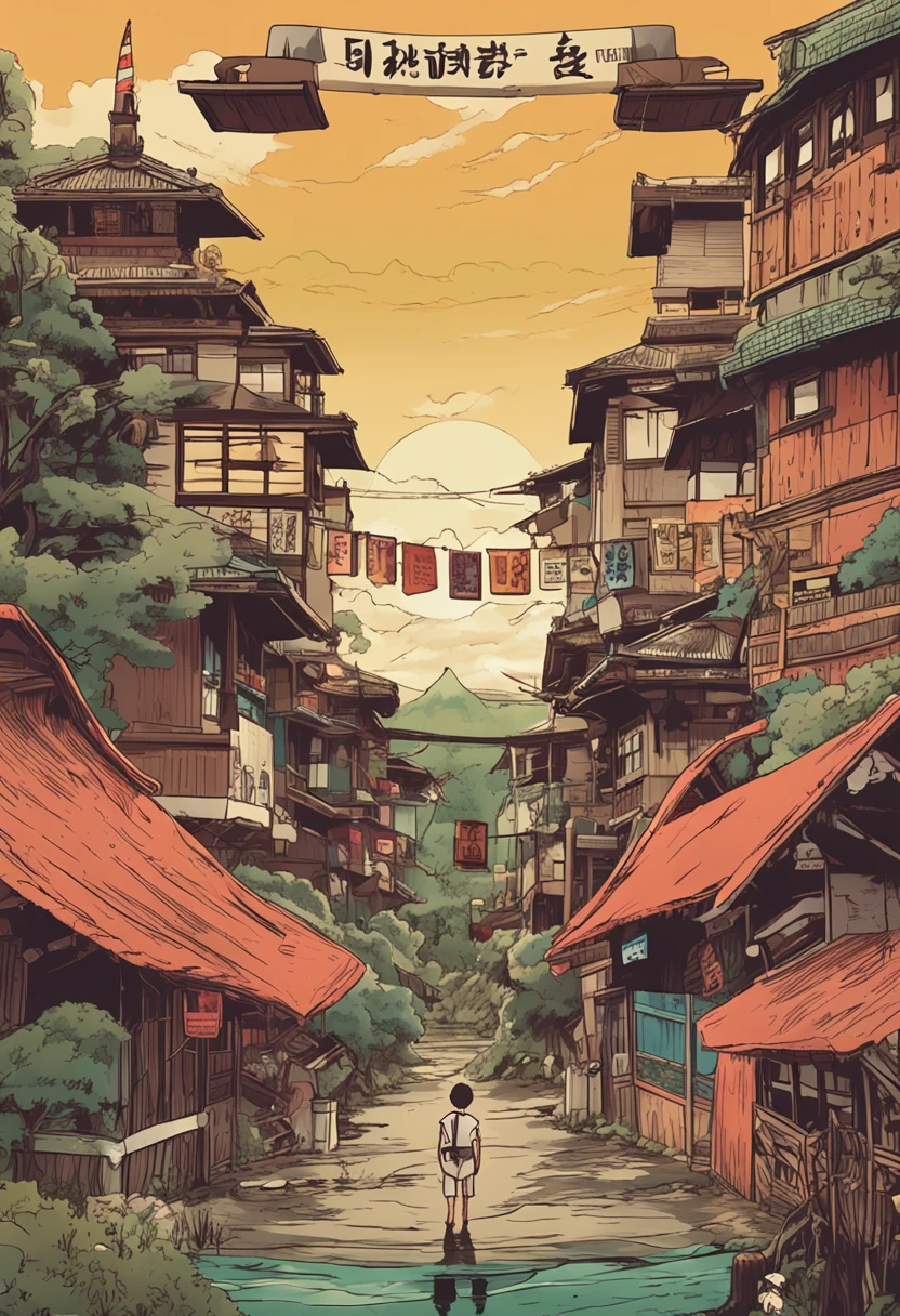 Imagine the character Madara from the anime Naruto looking back, com os olhos bem iluminados, he's in a Japanese village