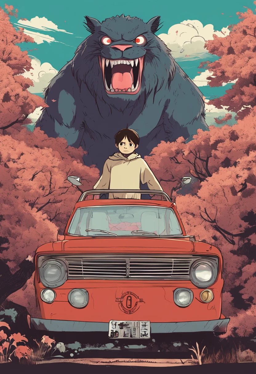 make me a movie poster in the style of studio ghibli's spirited away featuring eren yaeger from attack on titan