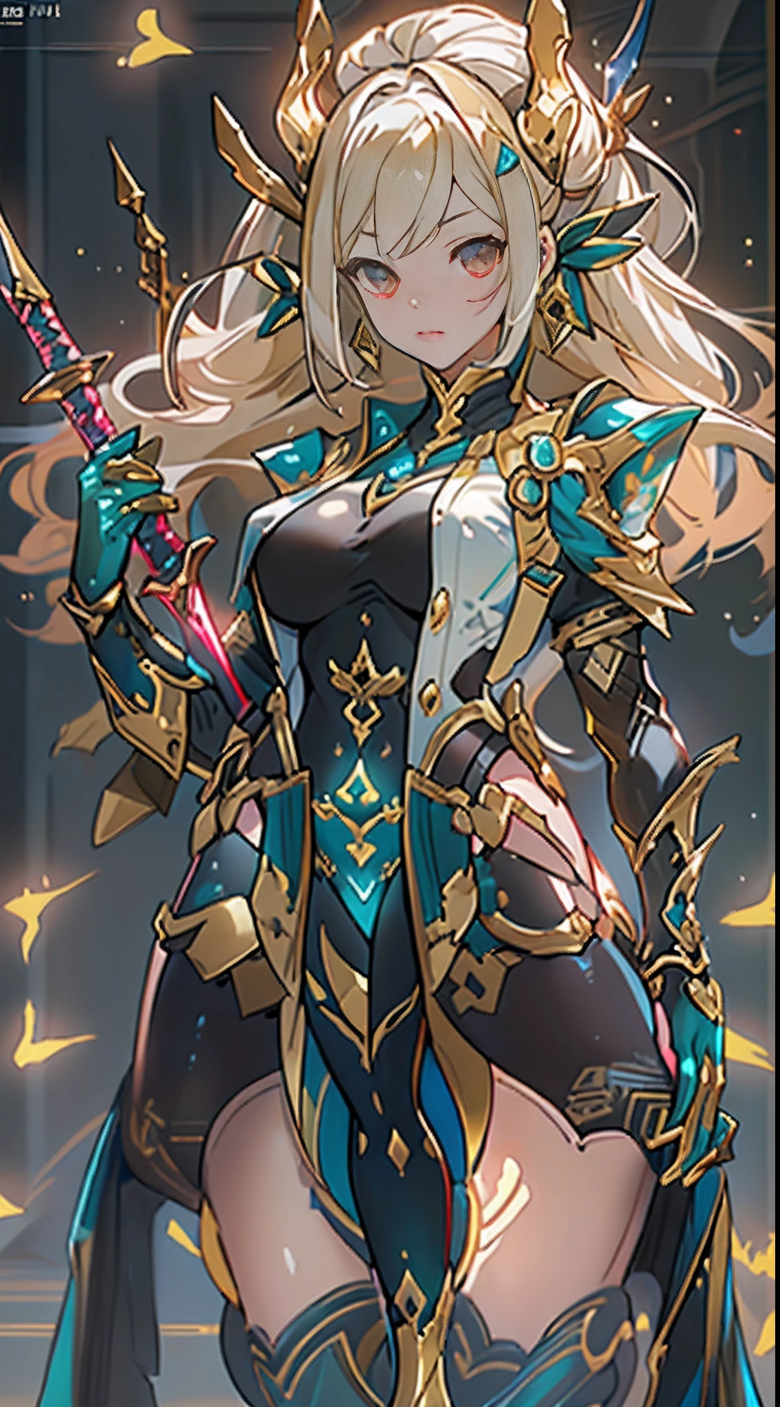 Design a layout showcase Gaming character, (1girl). Golden+Purle clothes, stylish and unique, ((showcase weapon:1.4)), magic staff, (masterpiece:1.2), (best quality), 4k, ultra-detailed, (Step by step design, layout art:1.5), (luminous lighting, atmospheric lighting), Final Fantasy style, magican, ((glove full hands)), fran, viera, (((revealing clothes:1.3))), vambraces, armored legwear, (((full_body_shot:1.4))), Niji