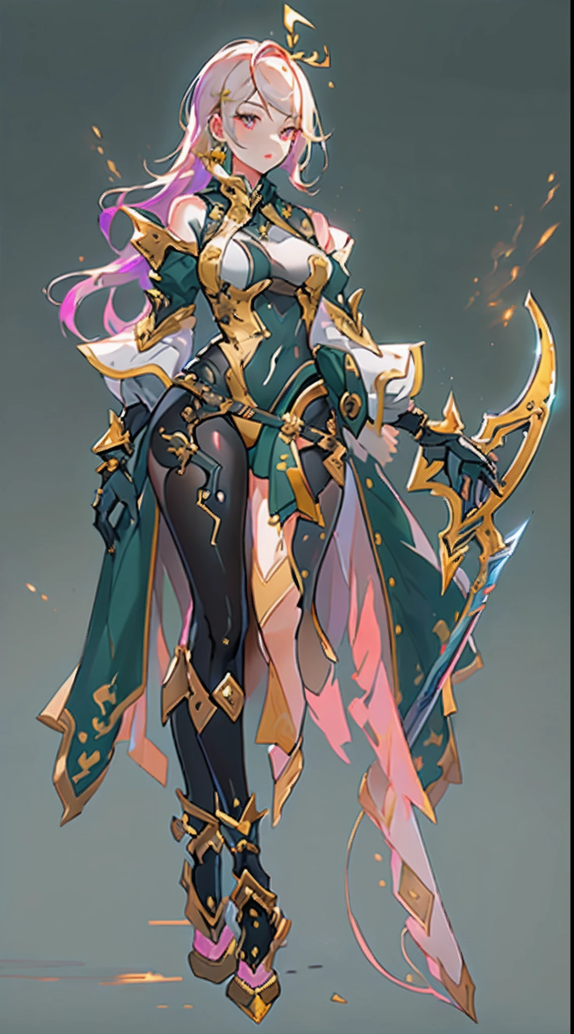 Design a layout showcase Gaming character, (1girl). Golden+Purle clothes, stylish and unique, ((showcase weapon:1.4)), magic staff, (masterpiece:1.2), (best quality), 4k, ultra-detailed, (Step by step design, layout art:1.5), (luminous lighting, atmospheric lighting), Final Fantasy style, magican, ((glove full hands)), fran, viera, (((revealing clothes:1.3))), vambraces, armored legwear, (((full_body_shot:1.4))), Niji