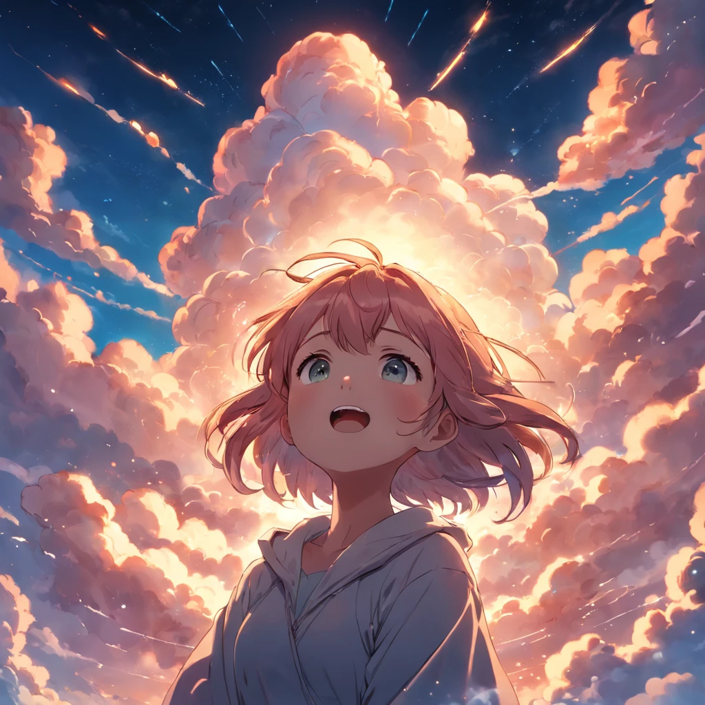 masterpiece, best quality, movie still, 1girl, cloud girl, floating in the sky, close-up, bright, happy, warm soft lighting, sunset, (sparks:0.7)