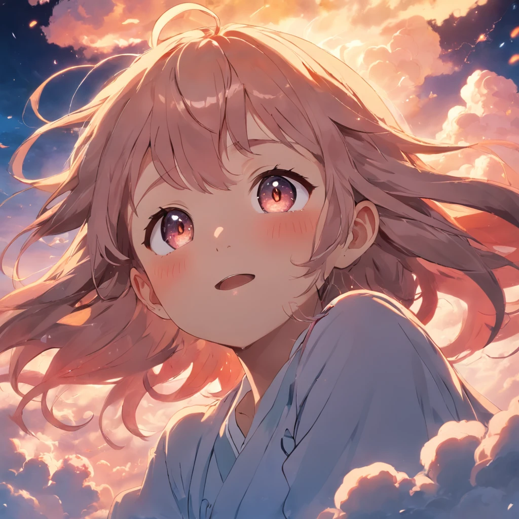 masterpiece, best quality, movie still, 1girl, cloud girl, floating in the sky, close-up, bright, happy, warm soft lighting, sunset, (sparks:0.7)