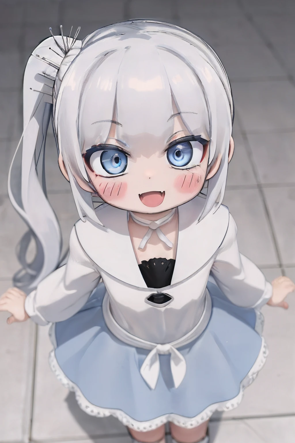 (from above:1.4),pov,(looking up:1.2),bright,(head down:1.2),
solo,(1girl:2),blush,shiny skin,
standing,
white hair,side ponytail,
blue eyes,white skirt,
:D,(smile,happy face:1.2),upper teeth,cute fang,