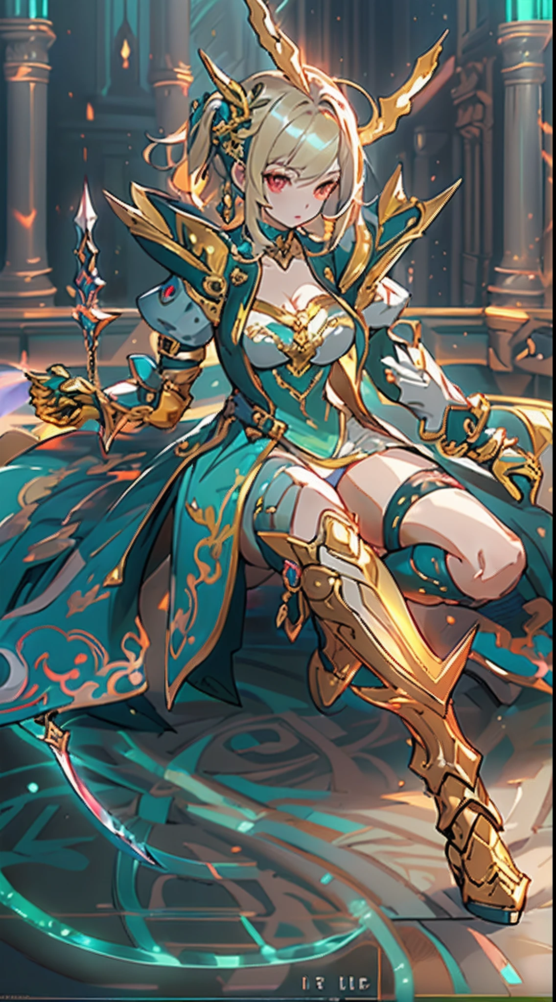 Design a layout showcase Gaming character, (1girl). Golden+Purle clothes, stylish and unique, ((showcase weapon:1.4)), magic staff, (masterpiece:1.2), (best quality), 4k, ultra-detailed, (Step by step design, layout art:1.5), (luminous lighting, atmospheric lighting), Final Fantasy style, magican, ((glove full hands)), fran, viera, (((revealing clothes:1.3))), vambraces, armored legwear, (((full_body_shot:1.4))), Niji