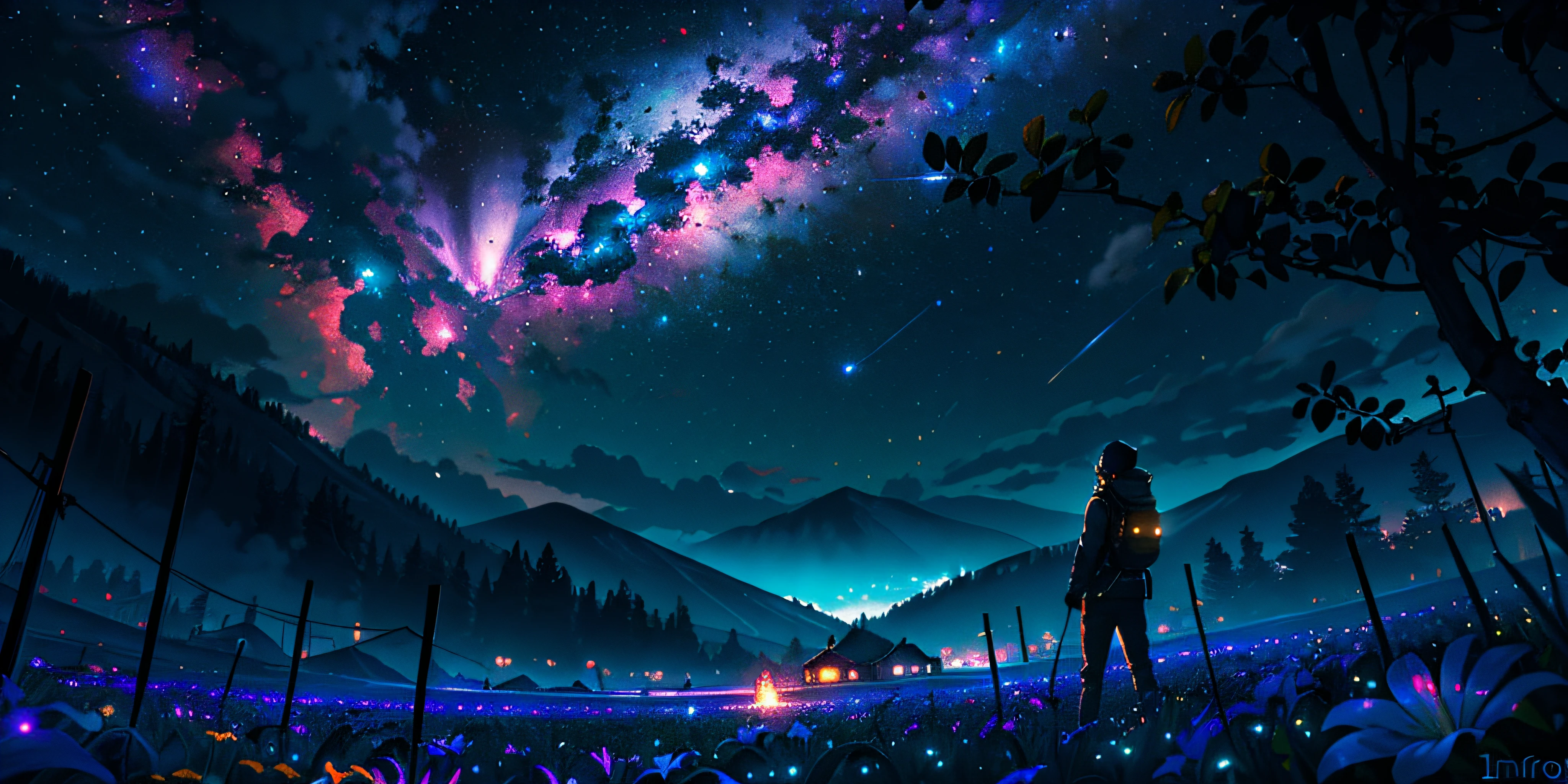 expansive landscape photograph , (a view from below that shows sky above and open field below), a girl standing on flower field looking up, (full moon:1.2), ( shooting stars:0.9), (nebula:1.3), distant mountain, tree BREAK
production art, (warm light source:1.2), (Firefly:1.2), lamp, lot of purple and orange, intricate details, volumetric lighting BREAK
(masterpiece:1.2), (best quality), 4k, ultra-detailed, (dynamic composition:1.4), highly detailed, colorful details,( iridescent colors:1.2), (glowing lighting, atmospheric lighting), dreamy, magical, (solo:1.2)