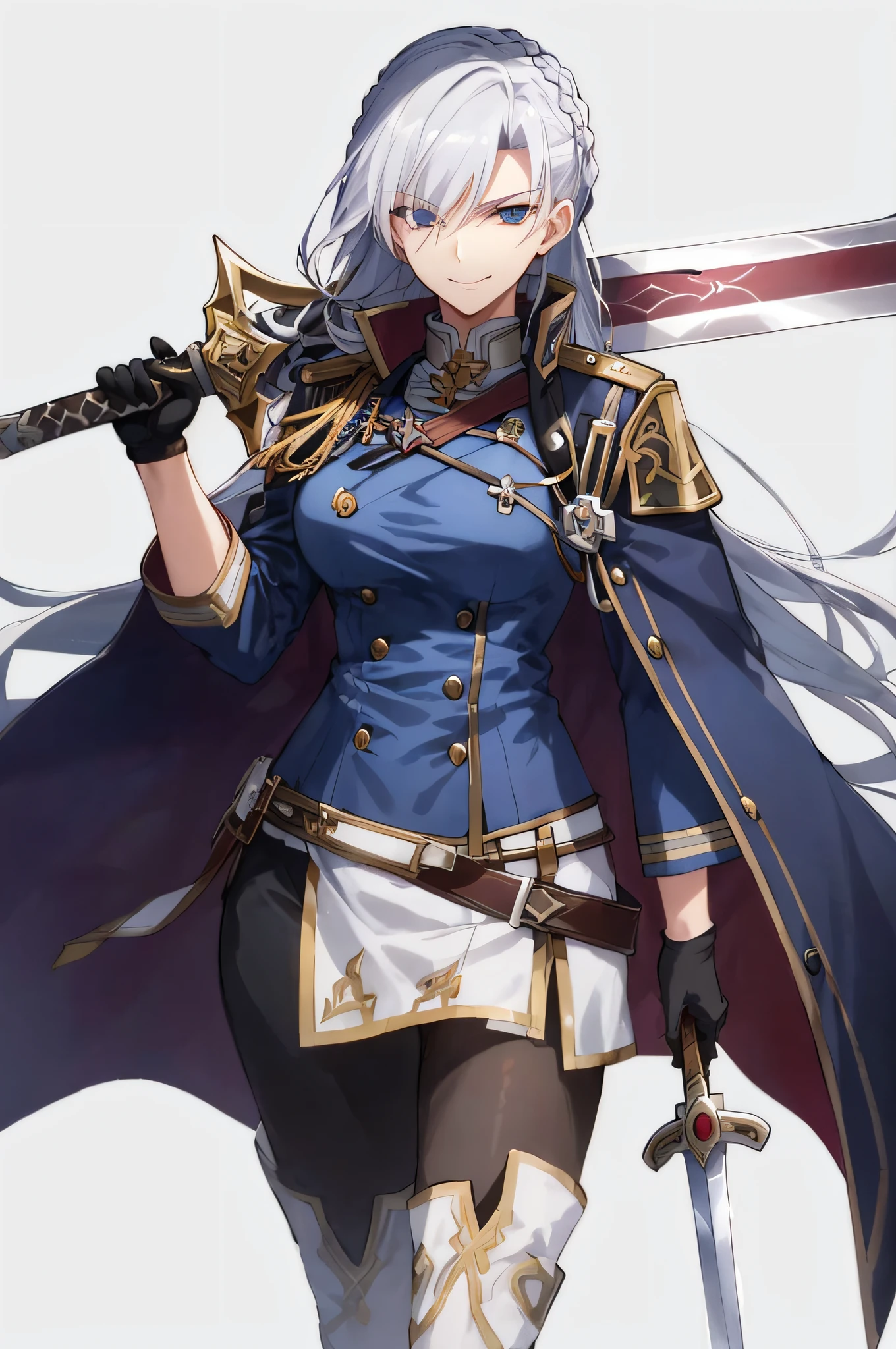 a woman with long hair and a sword in her hand, from legend of heroes trails of cold steel, white hair, crown braid, mature face, blue military uniform, smirking, mature face