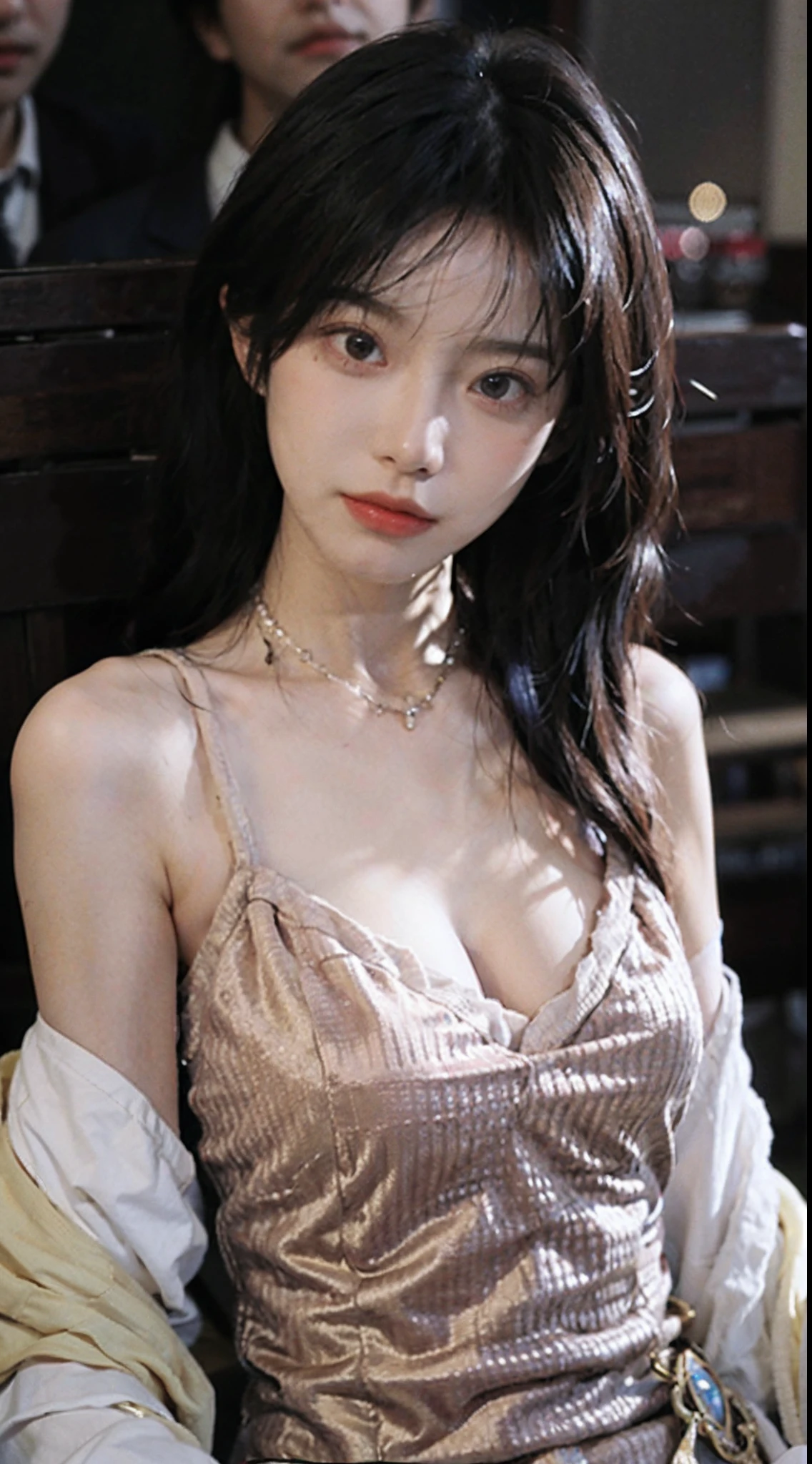 best qualtiy, 超高分辨率, (realisticlying:1.4),Baoyu Girl,1girll, with long coiled hair,Blushlush,Looking into the distance,nedium breasts,Yellow suit,a sense of atmosphere,Beautiful woman with a slim figure:1.4, Pronounced abs,Ultra-fine face,Elaborate Eyes,二重まぶた,choker necklace