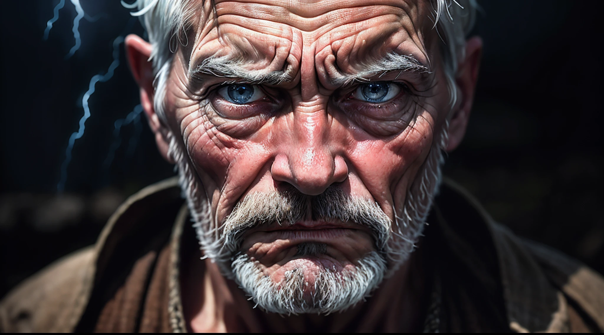 (sharp focus:1.2), an award-winning photo of an old peasant, water drops, storm outside, lightning backlighting, , lines on the face, wrinkles, extremely detailed skin, sadness, hopelessness, bleary eyes, (deep shadows:1.1), high contrast, beautiful eyes, absurd, 8k, (high quality: 1.3), , artstation hd, concept art, detailed face and body, award-winning photography, (grumpy lighting:1.2),  depth of field, bokeh, 4K, HDR