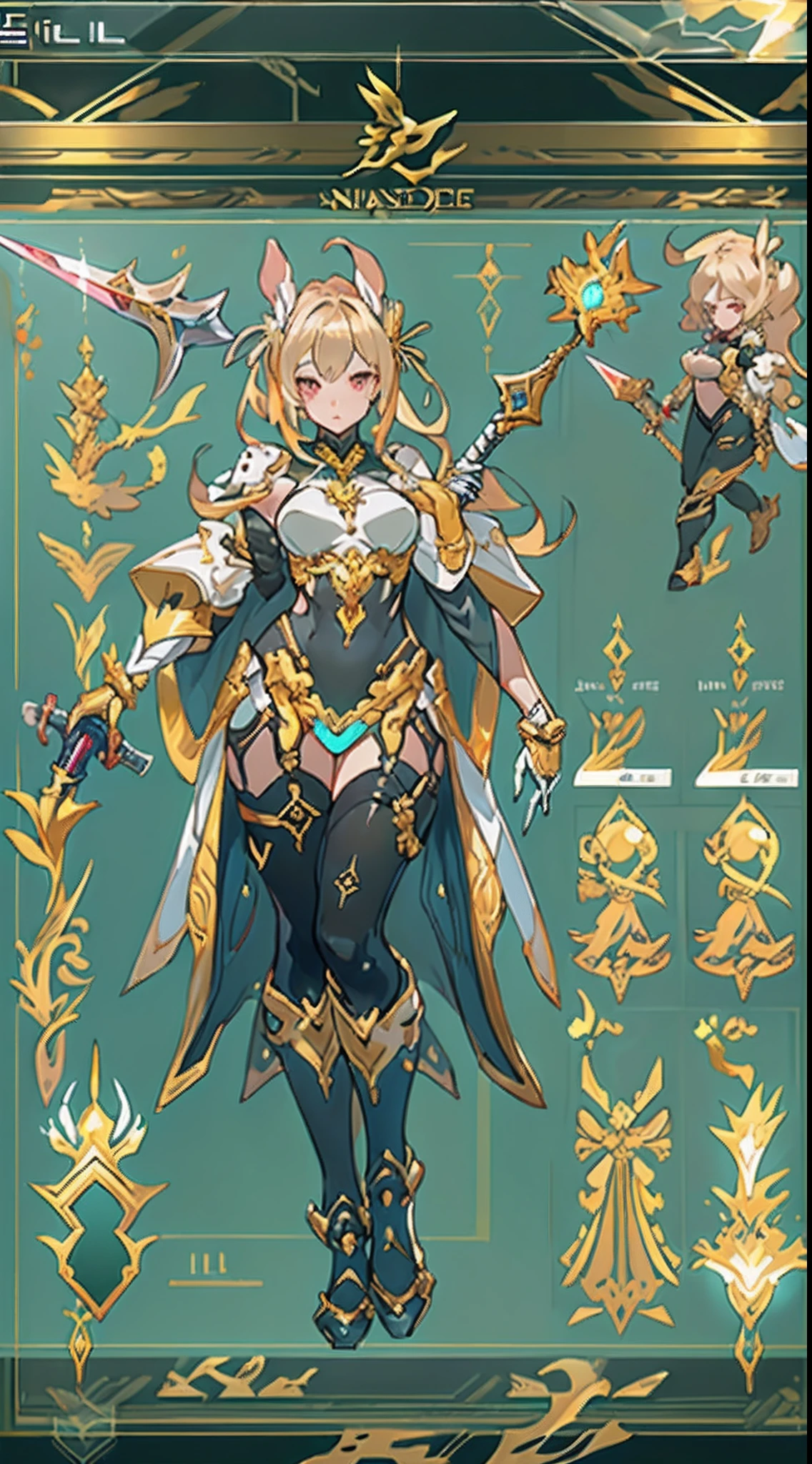 Design a layout showcase Gaming character, (1girl). Golden+Purle clothes, stylish and unique, ((showcase weapon:1.4)), magic staff, (masterpiece:1.2), (best quality), 4k, ultra-detailed, (Step by step design, layout art:1.5), (luminous lighting, atmospheric lighting), Final Fantasy style, magican, ((glove full hands)), fran, viera, (((revealing clothes:1.3))), vambraces, armored legwear, (((full_body_shot:1.4))), Niji