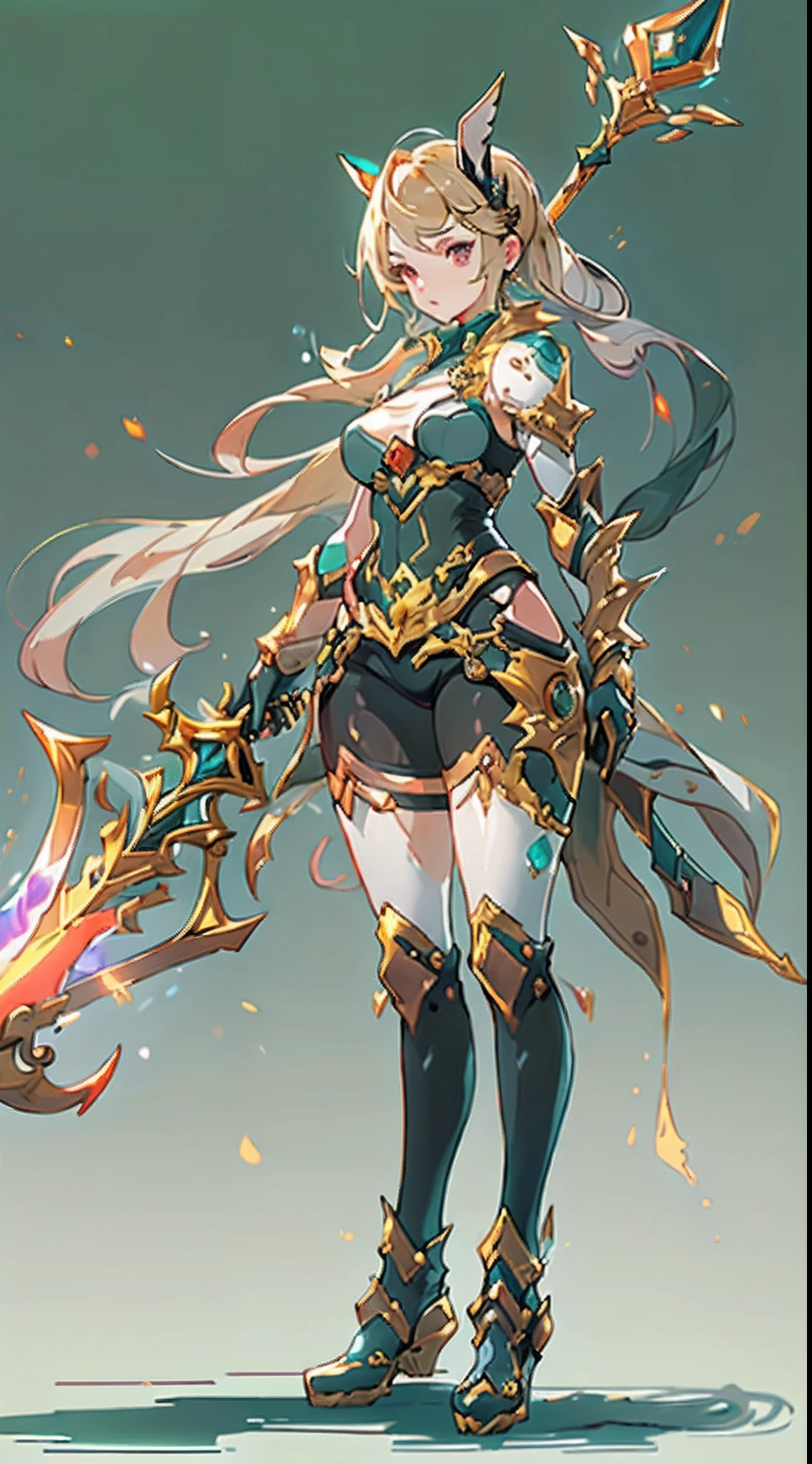 Design a layout showcase Gaming character, (1girl). Golden+Purle clothes, stylish and unique, ((showcase weapon:1.4)), magic staff, (masterpiece:1.2), (best quality), 4k, ultra-detailed, (Step by step design, layout art:1.5), (luminous lighting, atmospheric lighting), Final Fantasy style, magican, ((glove full hands)), fran, viera, (((revealing clothes:1.3))), vambraces, armored legwear, (((full_body_shot:1.4))), Niji
