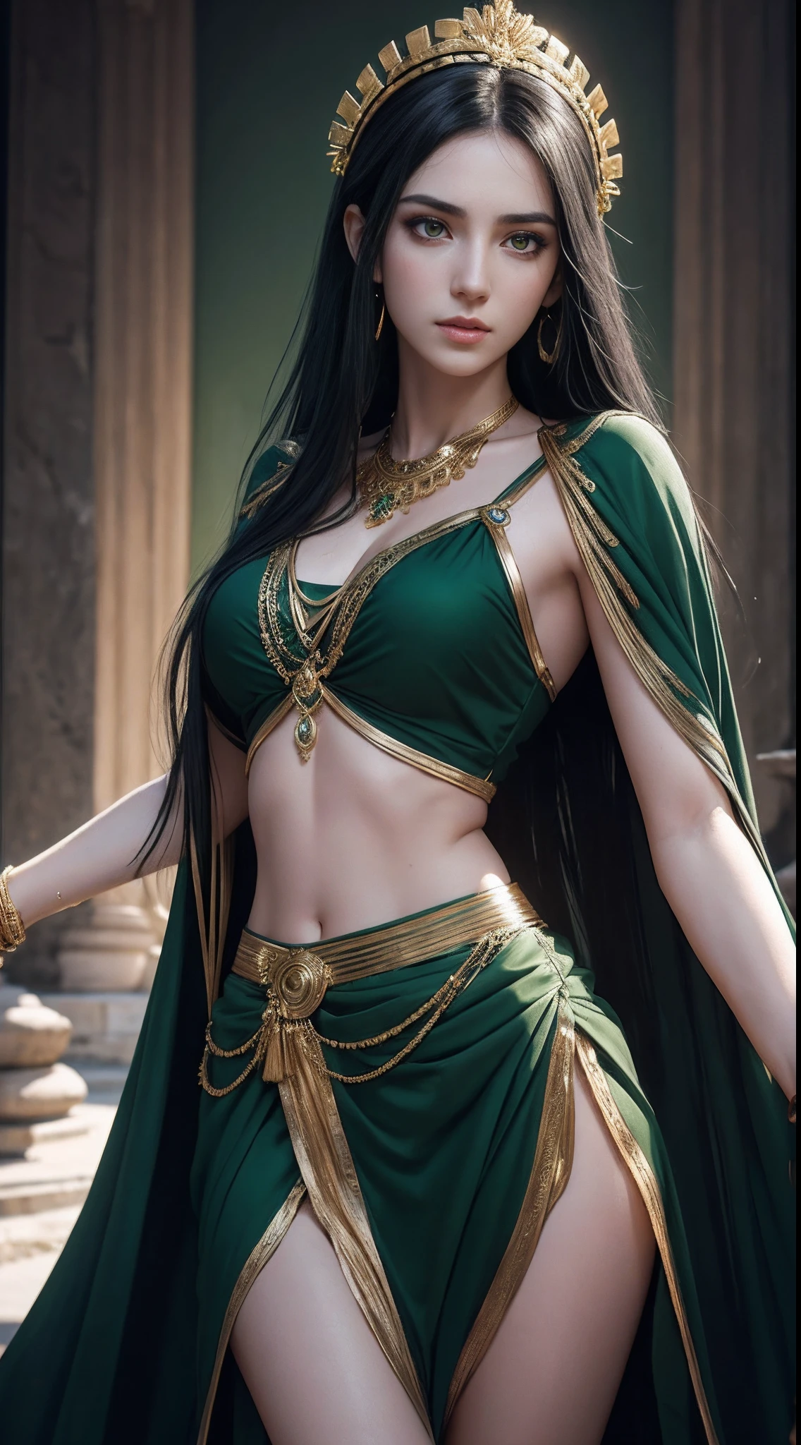(A Gorgeous 30-Year-Old Greek Female Goddess), (Messy Long Black Hair:1.2), (Green Eyes), (Fair Skin), (Wearing Green Revealing Maiden Attire with Golden Jewelries:1.4), (Greek Temple at Night:1.2), (Elegant Pose:1.4), Centered, (Half Body Shot:1.4), (View From Front:1.4), (Chiaroscuro Lighting), Photo Realism, Intricate Face Detail, Intricate Hand Details, Cinematic, Realistic and Vibrant Colors, Highly Detailed, Incredibly Realistic Environment and Scene, Master Composition and Cinematography, 8k, Trending on Artstation--Style Raw