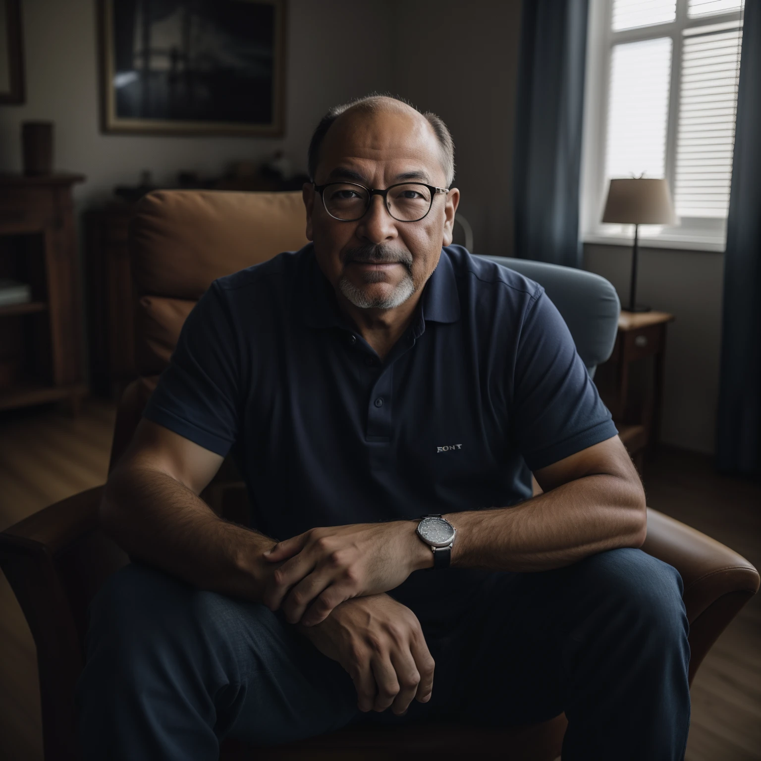 Man sitting in a chair with a watch on his wrist, retrato de alta qualidade, cinematic portrayal, shot with sony alpha 1 camera, retrato editorial, Tiro em Sony A 7 III, Tiro com Sony Alpha, foto retrato realista, Retrato de 50mm, Retrato 4k, Retrato tirado 8 K, Directed by: Dietmar Damerau, Tomado com Sony Alpha 9