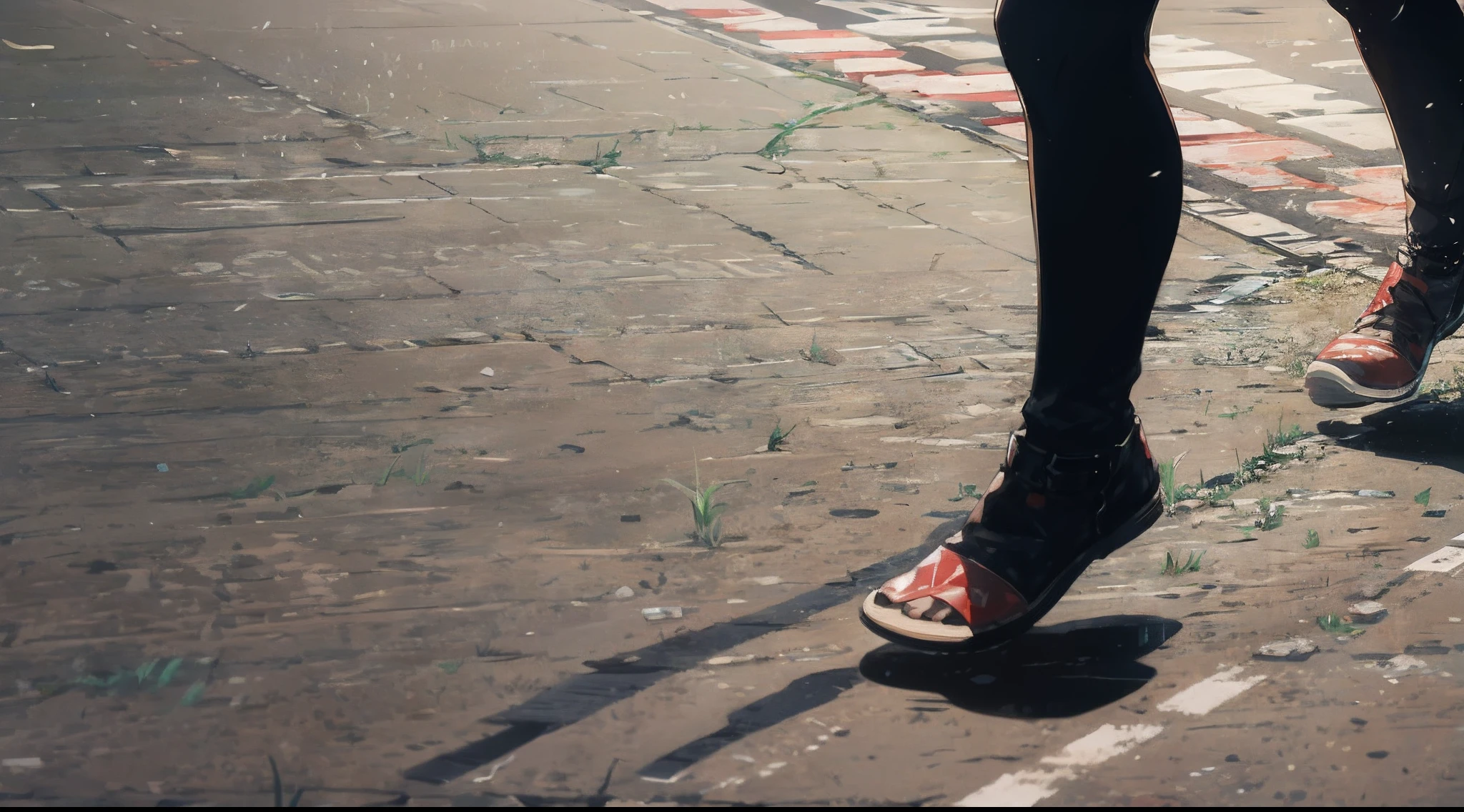 Emily is accelerating her pace, Hoping to get home before the living darkness completely envelops. Photograph: Emily's feet are moving fast, Her shadow stretches in front of her as the street lights start to flicker