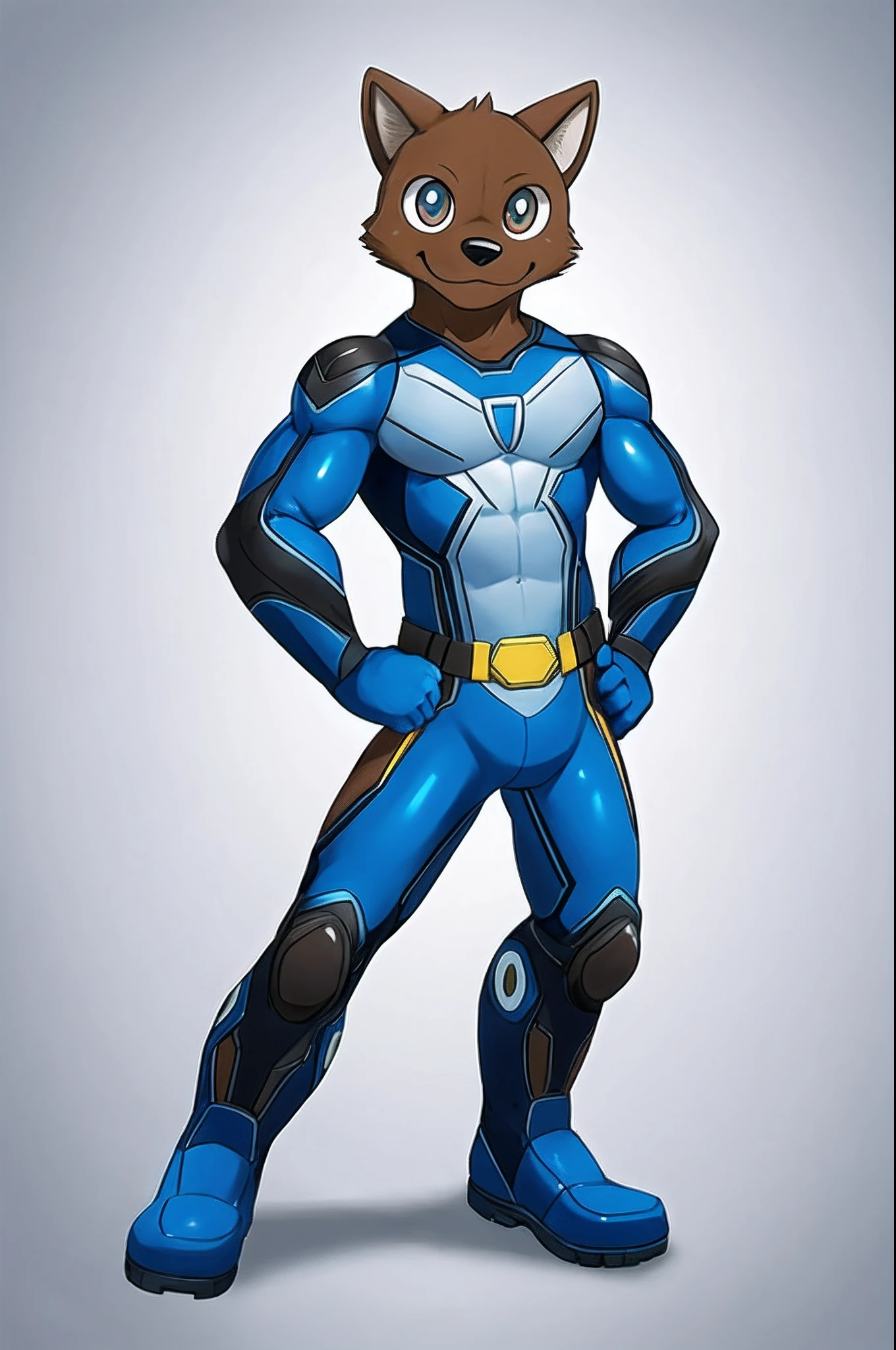 masutepiece, Best Quality, high quality,White background, Simple background, Standing portrait of a character, 1boy, Solo, brown dog male, Furry,  Superhero, blue bodysuit, boots, short gloves, Full body,Look at viewers,hand on hip,hero logo on chest,gentle smile, big eyes, shining eyes