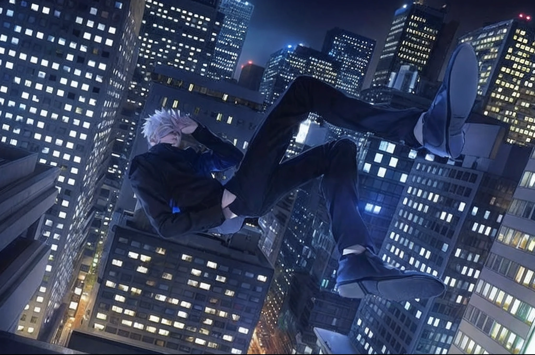 Gojo Satorou, hansome asian  y.o boy with white hair,  flying down happy expression from the tokyo rooftop, his eye closed by use white cloth eye cover, his open the left eye cover with tumb, right eye stil closed, left eye is blue sky color, left eye have a blue light aura, his suits is navi color, his hands shoved in his long pants pocket, lots of hair, his is alone, the background is building, building is many of light, light from the building dominant with yellow color, perfect lighting from side, hansome guy, potrait photography, realistic suits, fujifilm xt-04 with lens 85mm f/1.2, lighting effect, perfect lighting, solo focus, foggy environment, bokeh backround, blue particle, perfect tone color