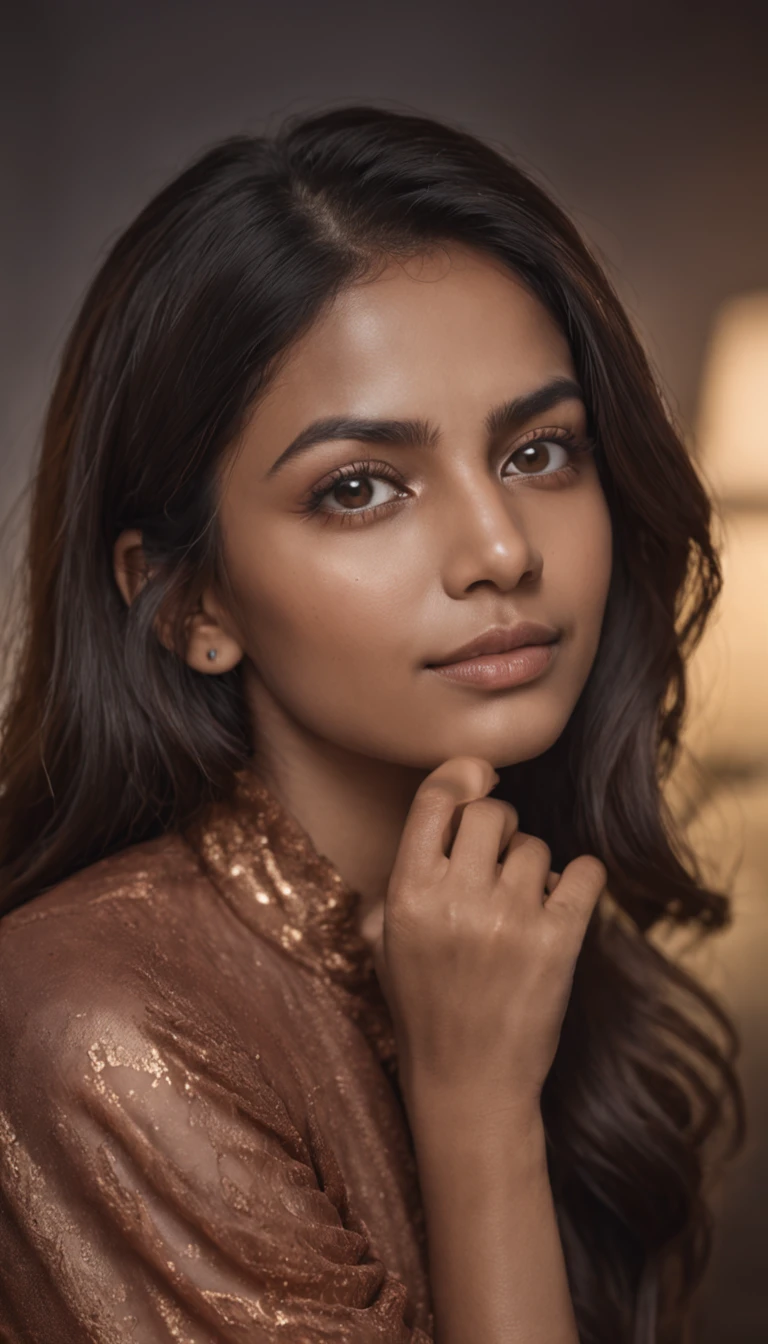 sexy portrait of an indian woman in office, clear facial features, brown oily skin, (detailed skin texture), Cinematic, 35mm lens, f/1.8, accent lighting, --uplight --v 4