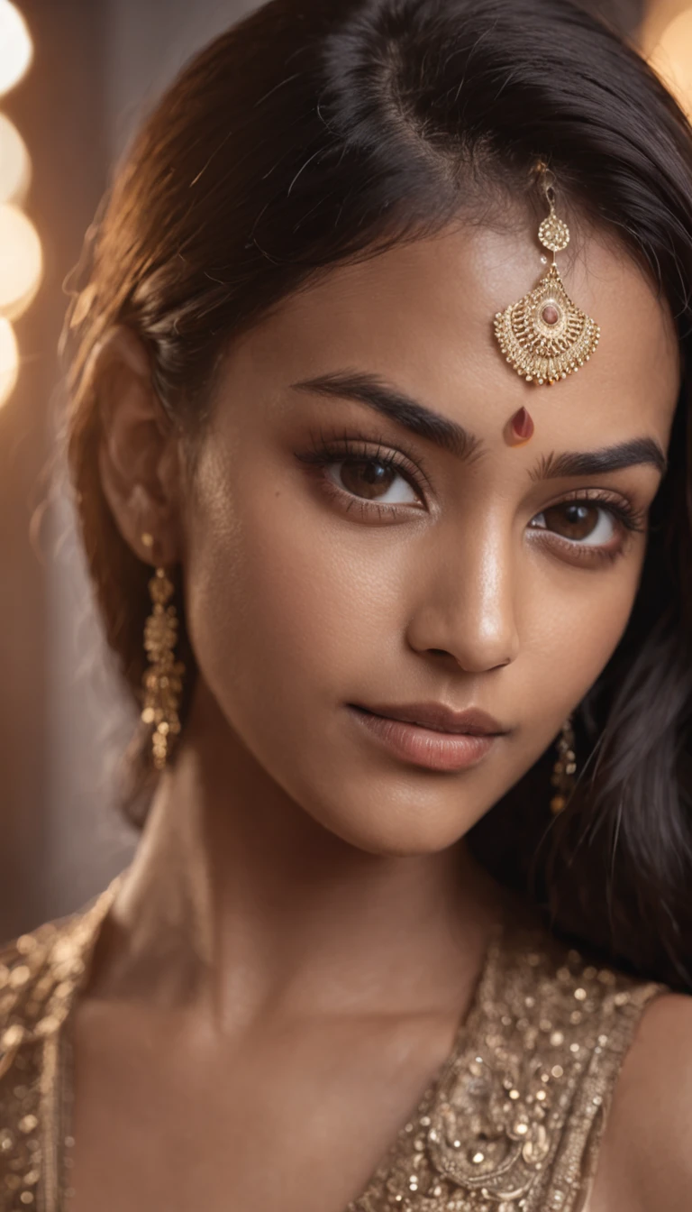 sexy portrait of an indian woman in office, clear facial features, brown oily skin, (detailed skin texture), Cinematic, 35mm lens, f/1.8, accent lighting, --uplight --v 4