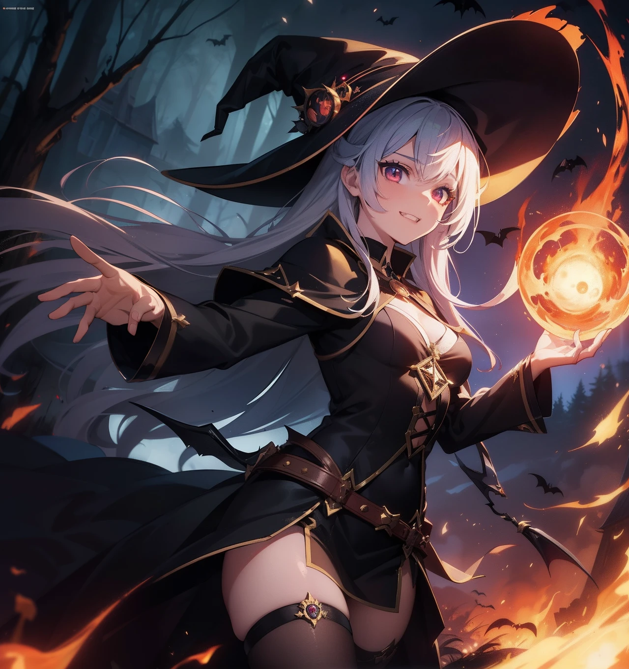 masterpiece, best quality, absurdres, novel illustration, 1girl, young, long hair, cinematic composition, cinematic angle, (dynamic pose:1.3), witch costume, hat, magic wand, fireball, magic, (casting spell:1.3), night, dark forest, bats, evil grin