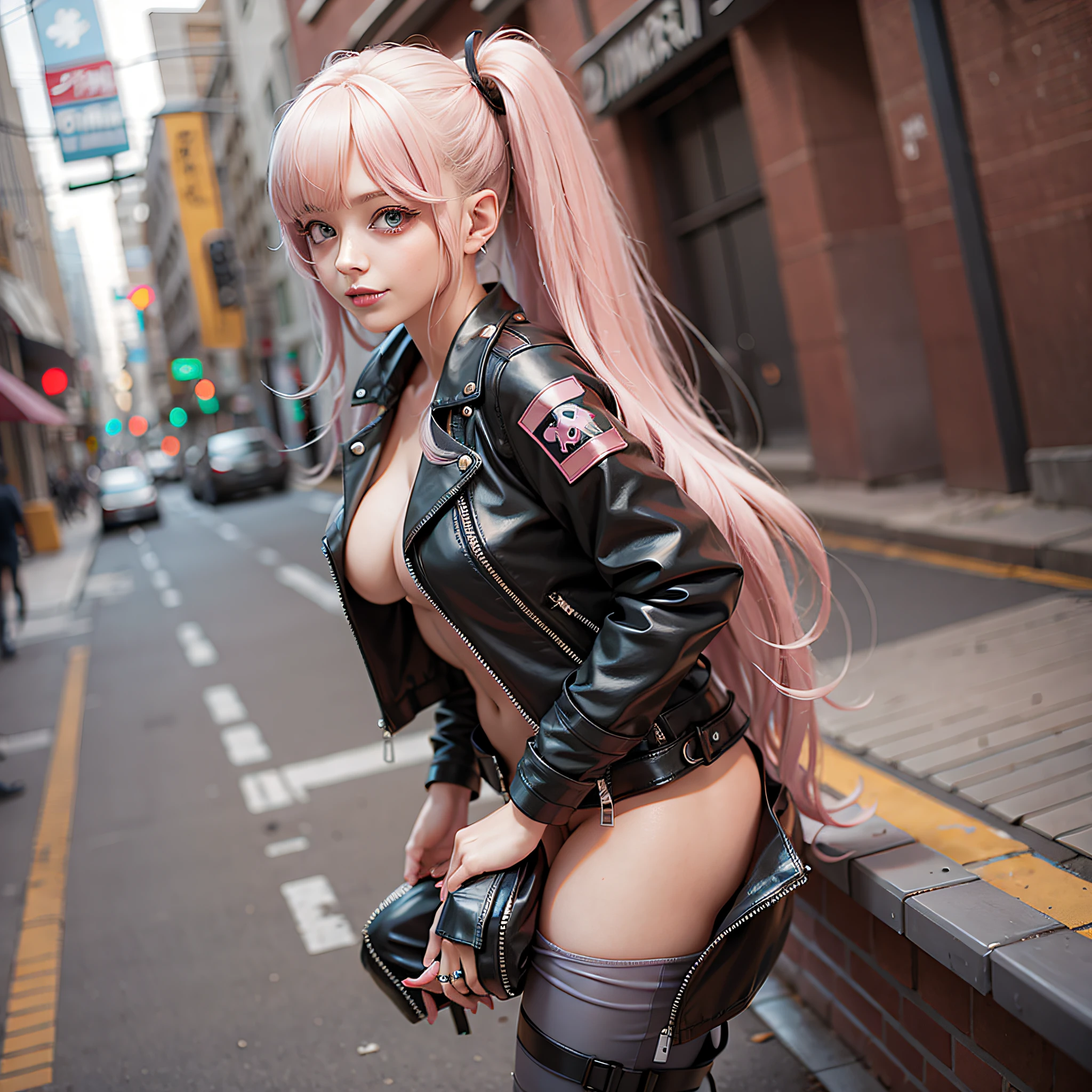 Es gibt eine Frau mit rosa Haaren und einer Lederjacke, die posiert, anime girl cosplay, Oppai Cyberpunk, female cyberpunk anime girl, anime girl in real life, cyberpunk anime girl, Cosplay-Anime, Cosplay-Foto, Cosplay, seductive anime girl, cyberpunk girl, Full-Cosplay, Ayaka Cosplay, Professionelles Cosplay, mit rosa Haaren, Cyberpunk Foto, anime girls