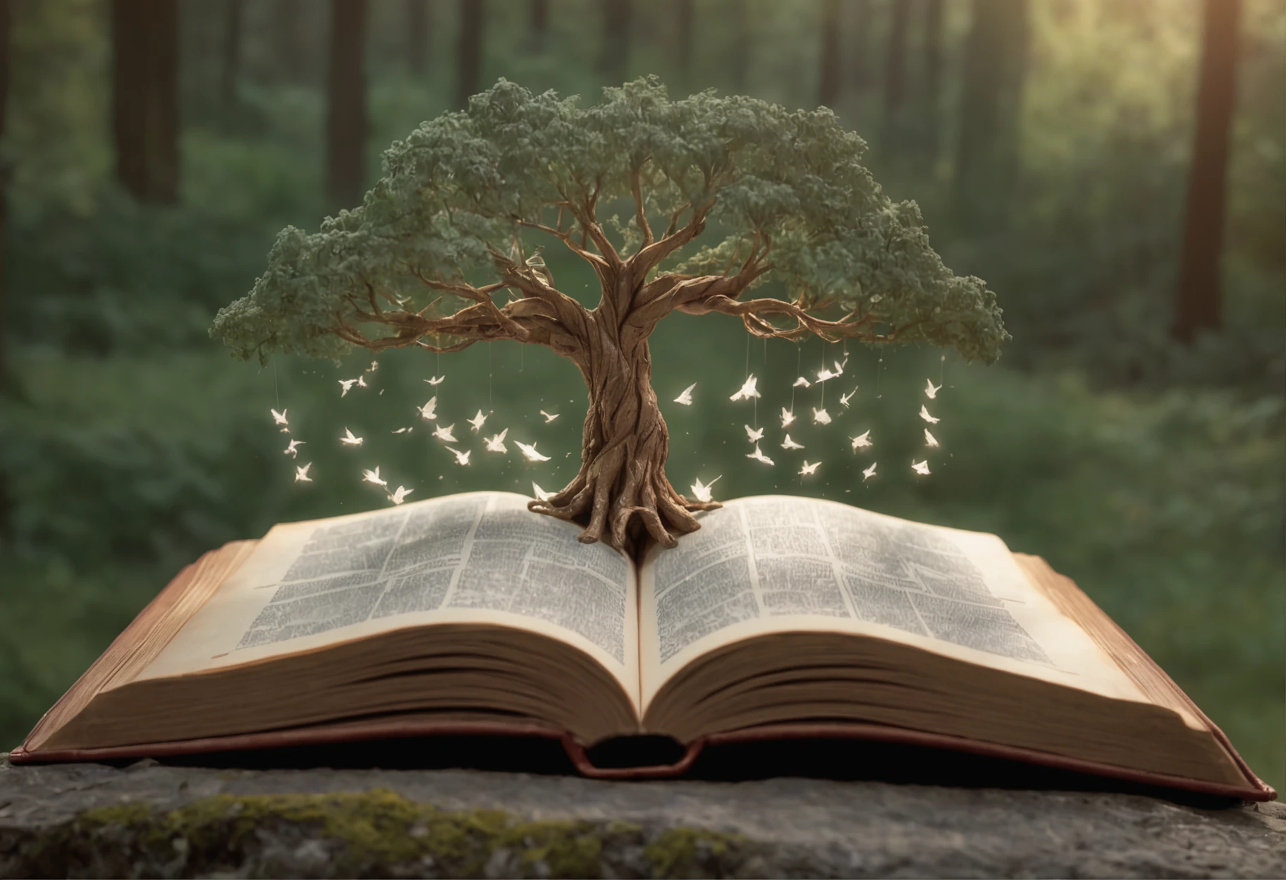 "Uma cena vibrante e envolvente. Imagine a world where words dance and come to life, where characters come off the pages and stories gain wings. In this illustration, We imagine a magical scenario where an open book turns into a portal to a universe of imagination. How pages flow through the air, They turn into elements that make up the scenery – trees that whisper secrets, rivers made of ink and mountains formed by pages.