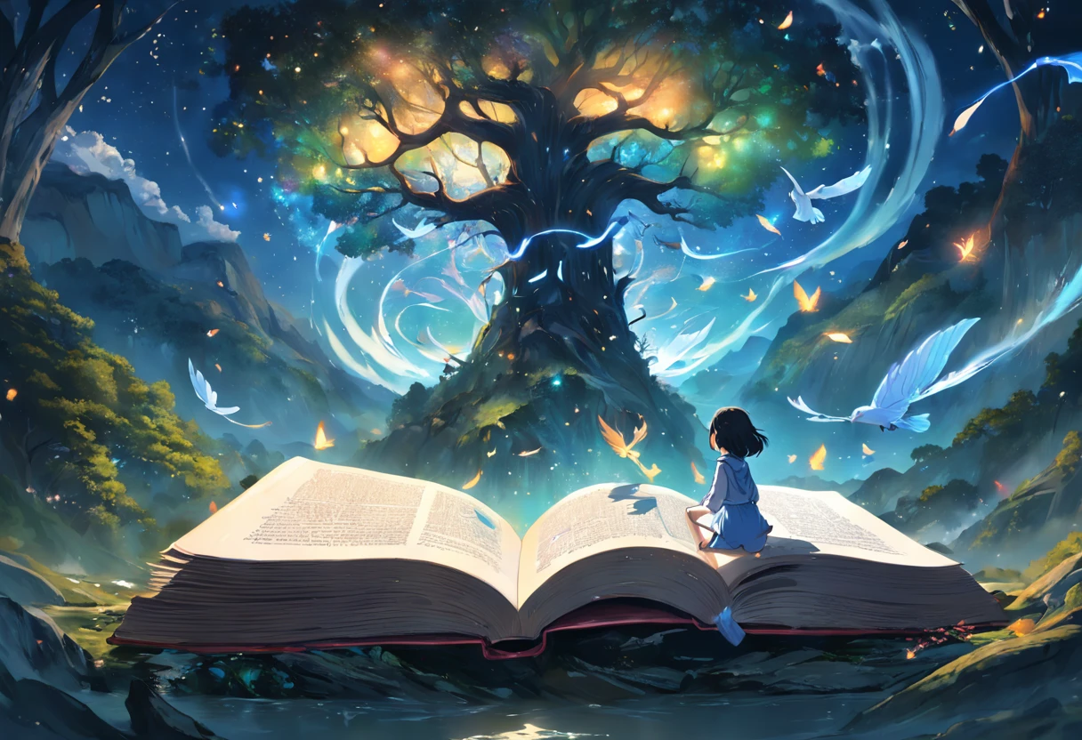 "Uma cena vibrante e envolvente. Imagine a world where words dance and come to life, where characters come off the pages and stories gain wings. In this illustration, We imagine a magical scenario where an open book turns into a portal to a universe of imagination. How pages flow through the air, They turn into elements that make up the scenery – trees that whisper secrets, rivers made of ink and mountains formed by pages.