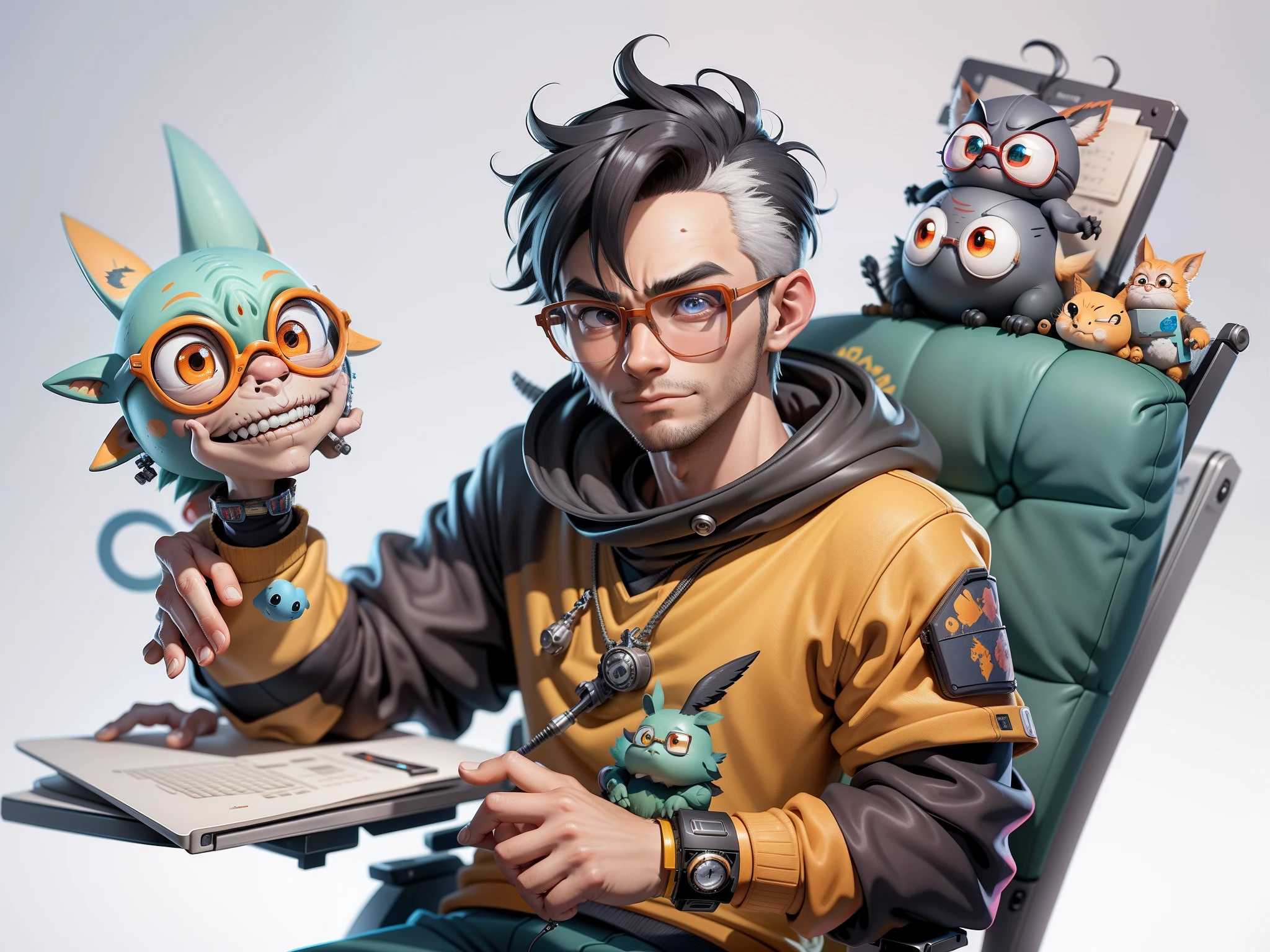 A young man with glasses sits at his desk，holding laptop，digitial painting，3D character design by Mark Clairen and Pixar and Hayao Miyazaki and Akira Toriyama，4K HD illustration，Very detailed facial features and cartoon-style visuals。