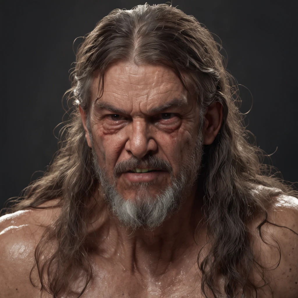 (Professional 3D rendering:1.3) de (Realistic:1.3) Foto de arte mais bonita do mundo，Apresenta homem bem velho suaves e brilhantes, ( wet angry look, long hair, long beard and angry expression in dynamic pose, corpo inteiro 8k unidade render, action shot, poros da pele, very dark lighting, sombreamento pesado, circunstanciado, Rosto detalhado, (vibrante, fotogrdeia realista, Realistic, Dramatic, Escuro, foco nítido, 8k), (Old clothes damaged by bad weather:1.4), ((((Use peles)))), (intrincado:1.4), decadente, (altamente detalhado:1.4), pintura digital, rendering by octane, art stations, Conceito-Arte, liso, foco nítido, illustration, germe da arte, (Loish:0.23), Wlop Ilya Kuvshinov, e Greg Rutkowski e Alphonse Mucha Gracias, (global ilumination, studiolight, Light Volumetric), chuva forte, floating particles, patife, fantasia, Onze, corpo inteiroesbian, ((Fundo escuro e antigo da cidade:1.3)),CGSesociedade,art stations