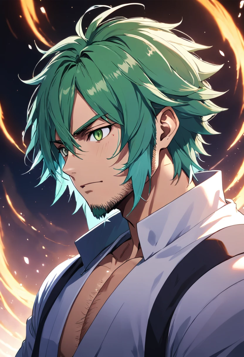 (estilo anime) 8k, high quality, um homem com barba e olhos verdes, homem de cabelos grisalhos escuros, cabelos grisalhos escuros, Masamune Shiro, inspirado em Fujishima Takeji, inspirado em Maxwell Bates, cabelos grisalhos, Chade
