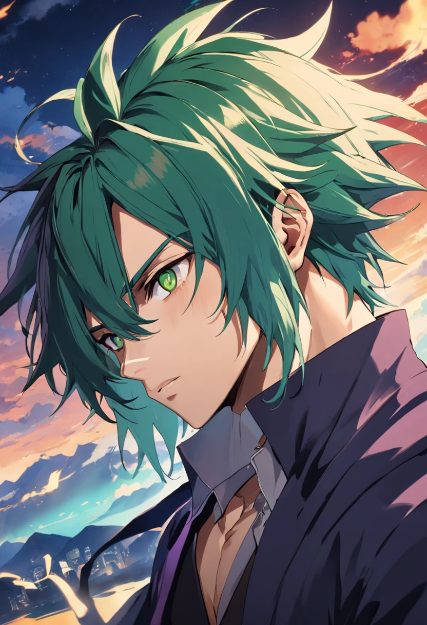 (estilo anime) 8k, high quality, um homem com barba e olhos verdes, homem de cabelos grisalhos escuros, cabelos grisalhos escuros, Masamune Shiro, inspirado em Fujishima Takeji, inspirado em Maxwell Bates, cabelos grisalhos, Chade