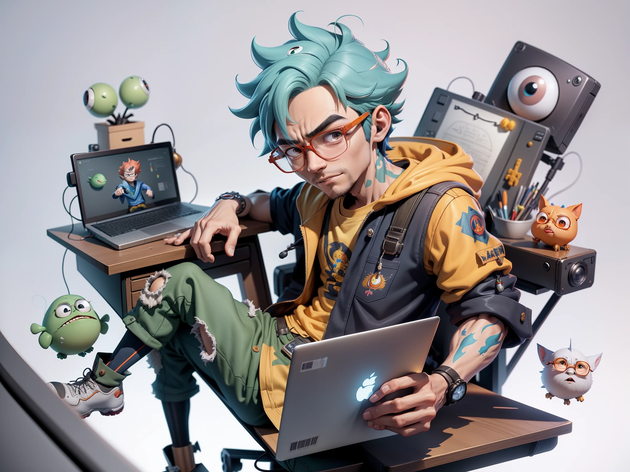 A young man with glasses sits at his desk，holding laptop，digitial painting，3D character design by Mark Clairen and Pixar and Hayao Miyazaki and Akira Toriyama，4K HD illustration，Very detailed facial features and cartoon-style visuals。