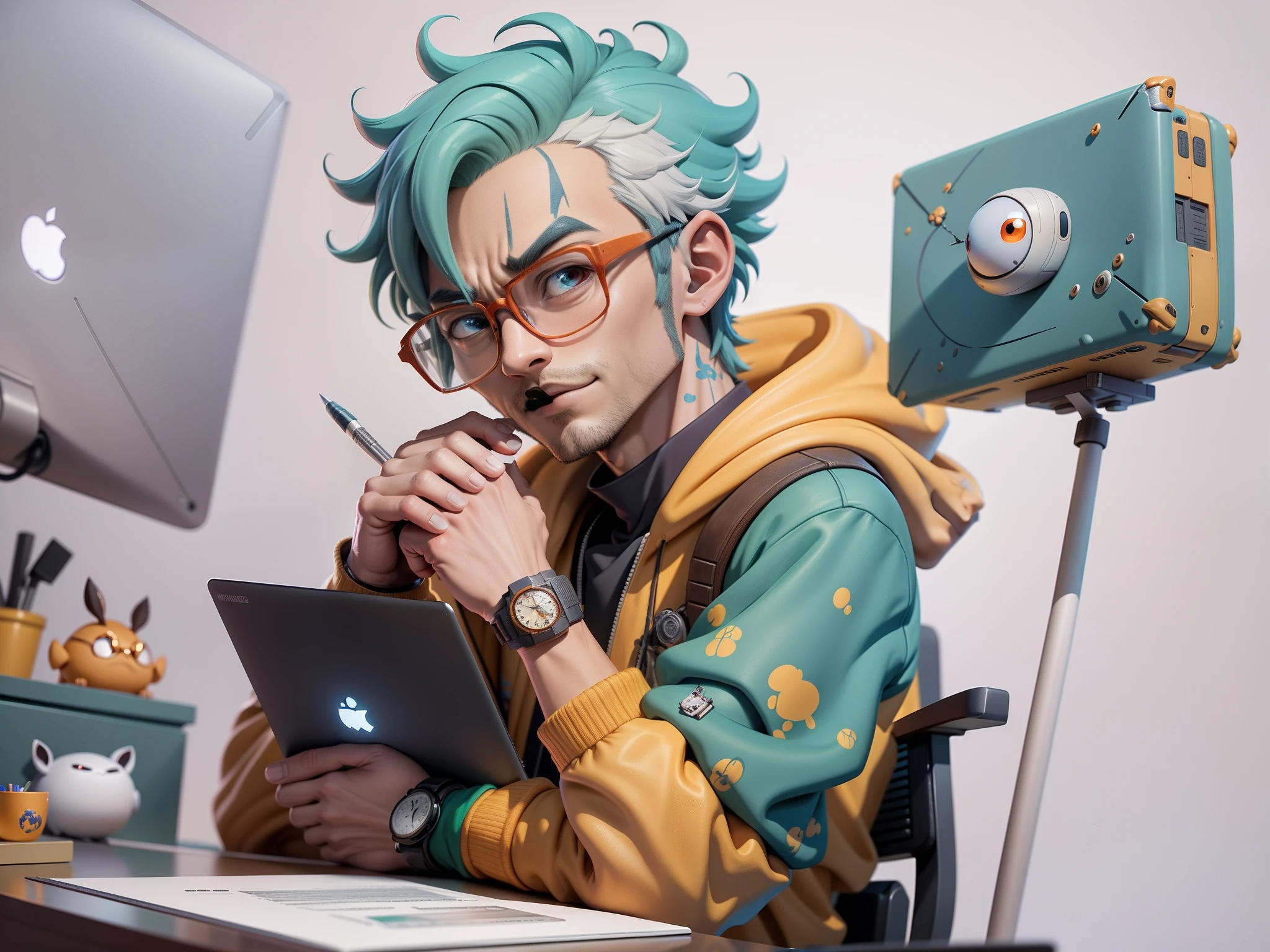 A young man with glasses sits at his desk,holding laptop,digitial painting,3D character design by Mark Clairen and Pixar and Hayao Miyazaki and Akira Toriyama,4K HD illustration,Very detailed facial features and cartoon-style visuals。
