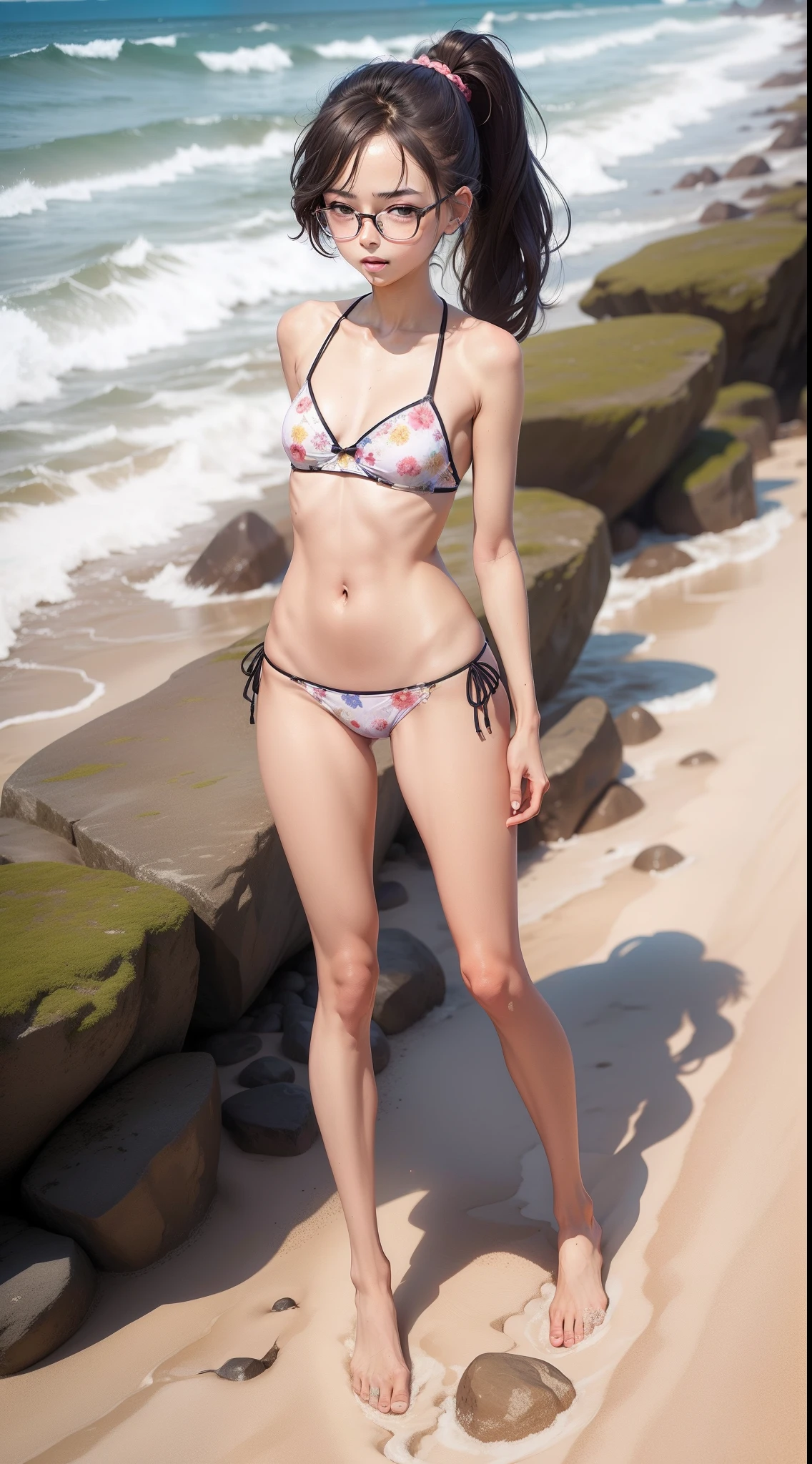 Very skinny, cute nerdy shy embarrassed girl with glasses and messy ponytail, in a cute flowery bikini, on the beach, flat-chested, full body