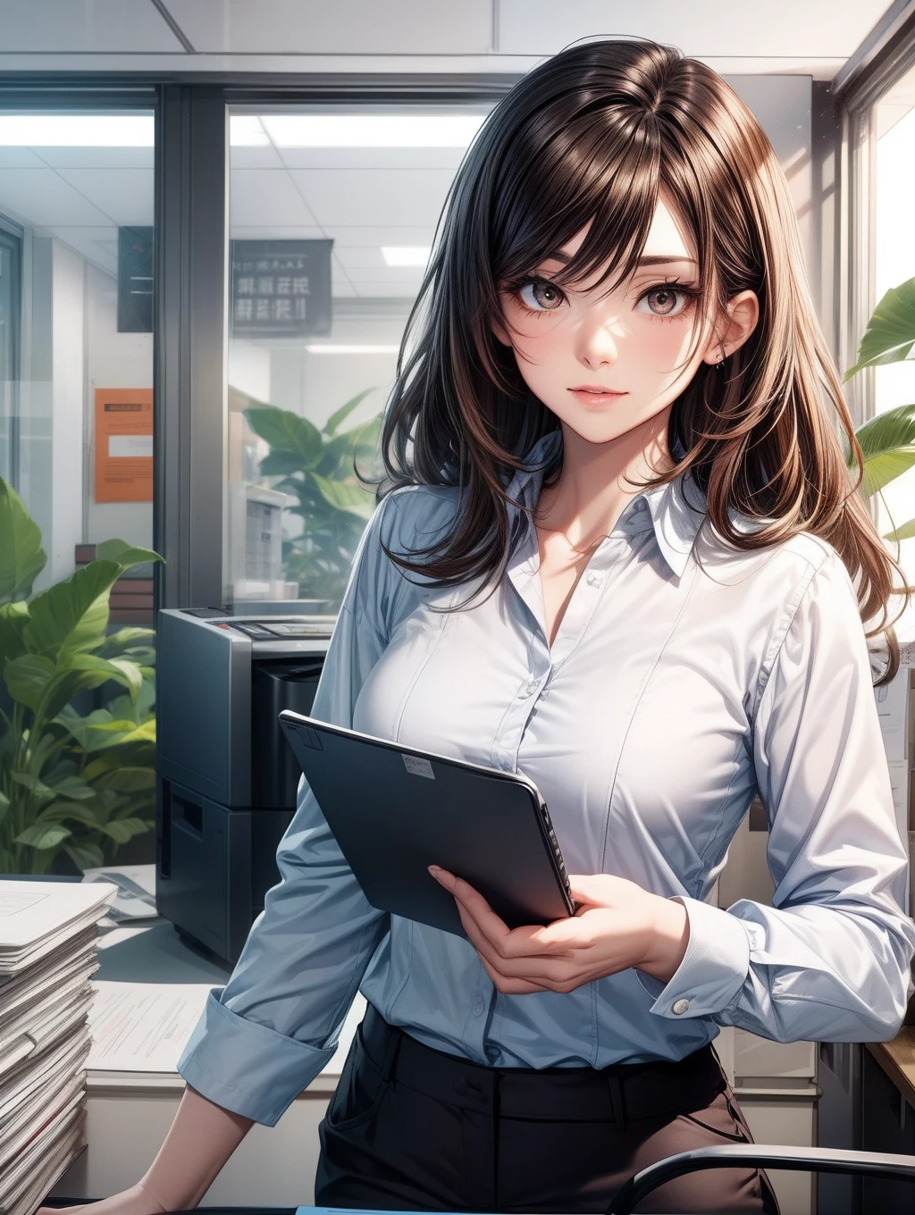 Best Quality, masutepiece, beautiful mature women、Beautiful face、Strong-minded woman、Office Suits、brown haired、Brown-eyed、Longhaire、Undersized eyes、Full body like、s Office、Commercial photocopier、Photocopier available