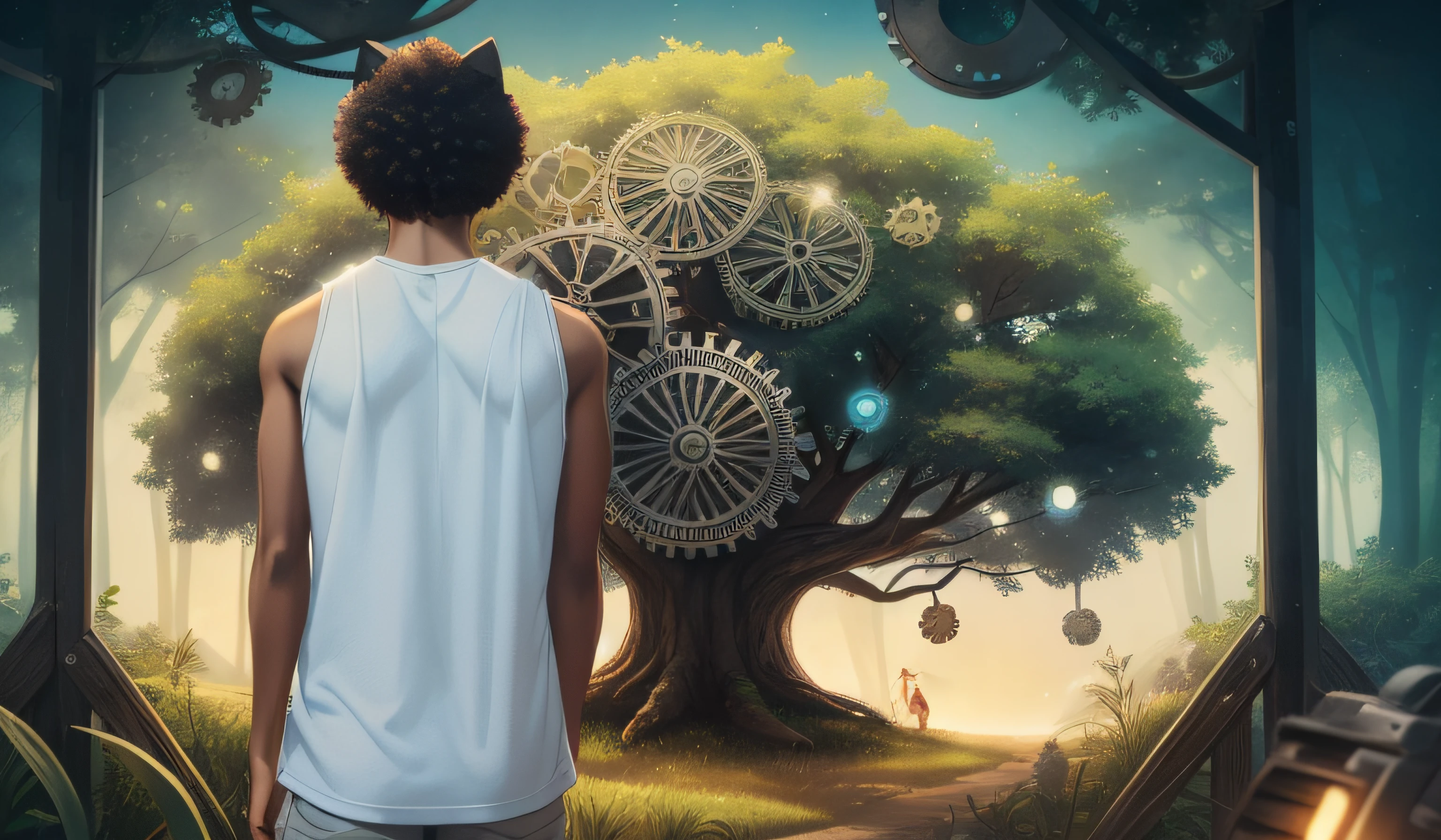 Boy with cat head and afro hair, wearing a white tank top heading towards a tree with gears, mistica, incrivel, atmosfera fantastica