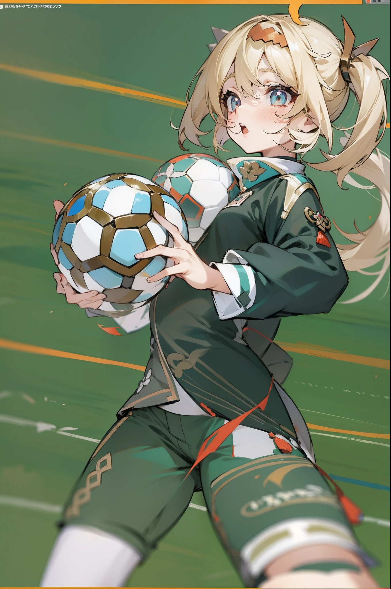 anime girl , blond , soccer uniform , Kaveh (Impacto Genshin)