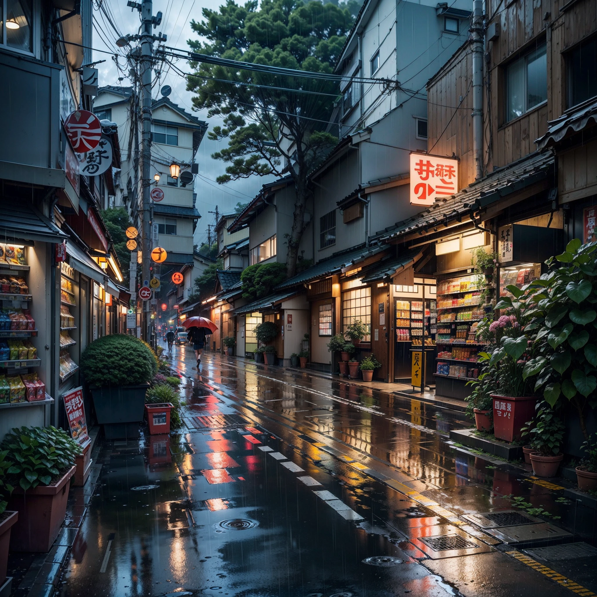 japan, modern urban Japanese street on a bridge, modern Japanese architecture, modern japanese architecture, Japanese convenience store, Japanese shop signs, Japanese signs, plant pots, (no one: 1), no people, no one in sight, no cars, no vechiles, rain, raining, heavy rainfall, wet, puddles, dramatic rain, dramatic rain, heavy rain, lots of rain, rain drops, rain falling, rain drops falling, gloomy weather, emerging sun through clouds, storm