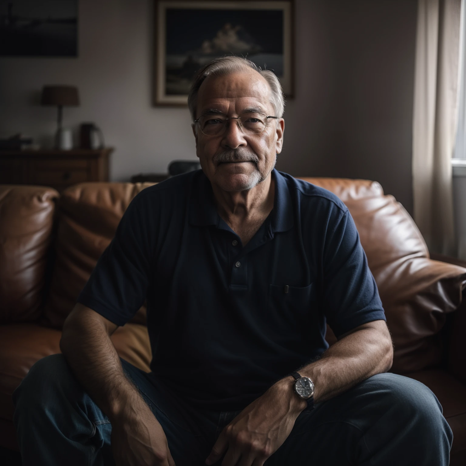 Older man sitting on a couch in a dark room, cinematic portrayal, Retrato de 50mm, retrato de alta qualidade, 7 0 mm portrait, foto de um homem, Retrato de 60mm, Tiro em Sony A 7 III, shot with sony alpha 1 camera, Retrato 4k, Retrato tirado 8 K, uma foto de um homem, a portrait of richard wikström