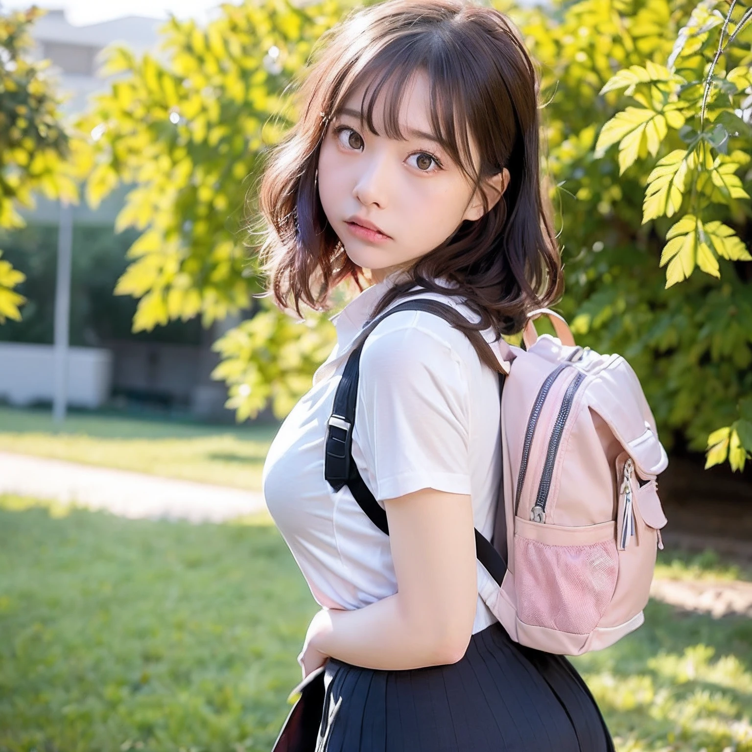 (masutepiece), Short hair, 1girl in, fluffy hair, Curly hair, siblings, Tsundere, Short Threes, high-school uniform, School Girl, tie, embarrassed, Blushing, wobbly mouth, (angry), from behind, Pink hair, Looking at Viewer, Outside, backpack, Panties, Sexy