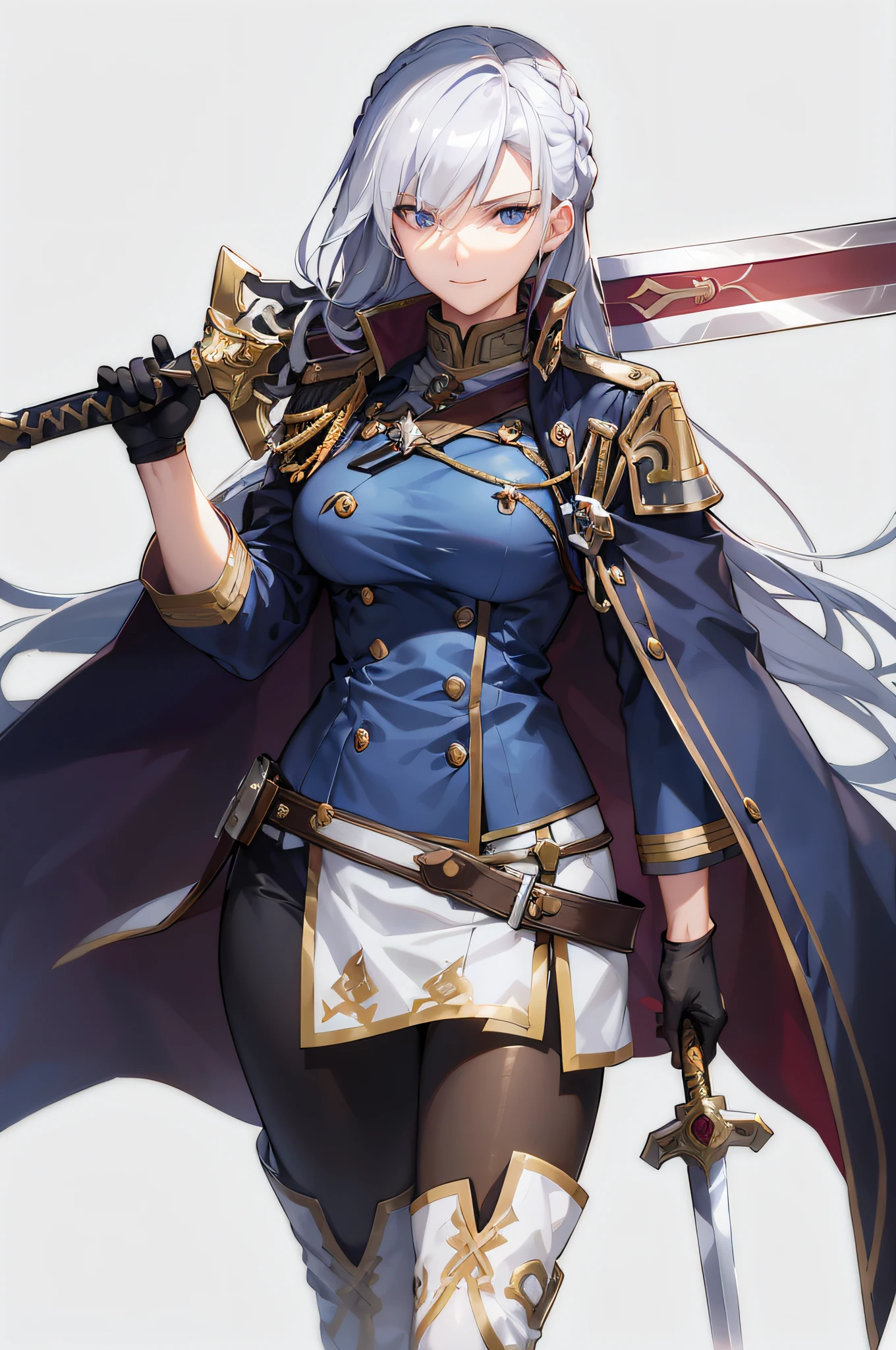 a woman with long hair and a sword in her hand, from legend of heroes trails of cold steel, white hair, crown braid, mature face, smirking, mature face, black military unform, one hand on hips