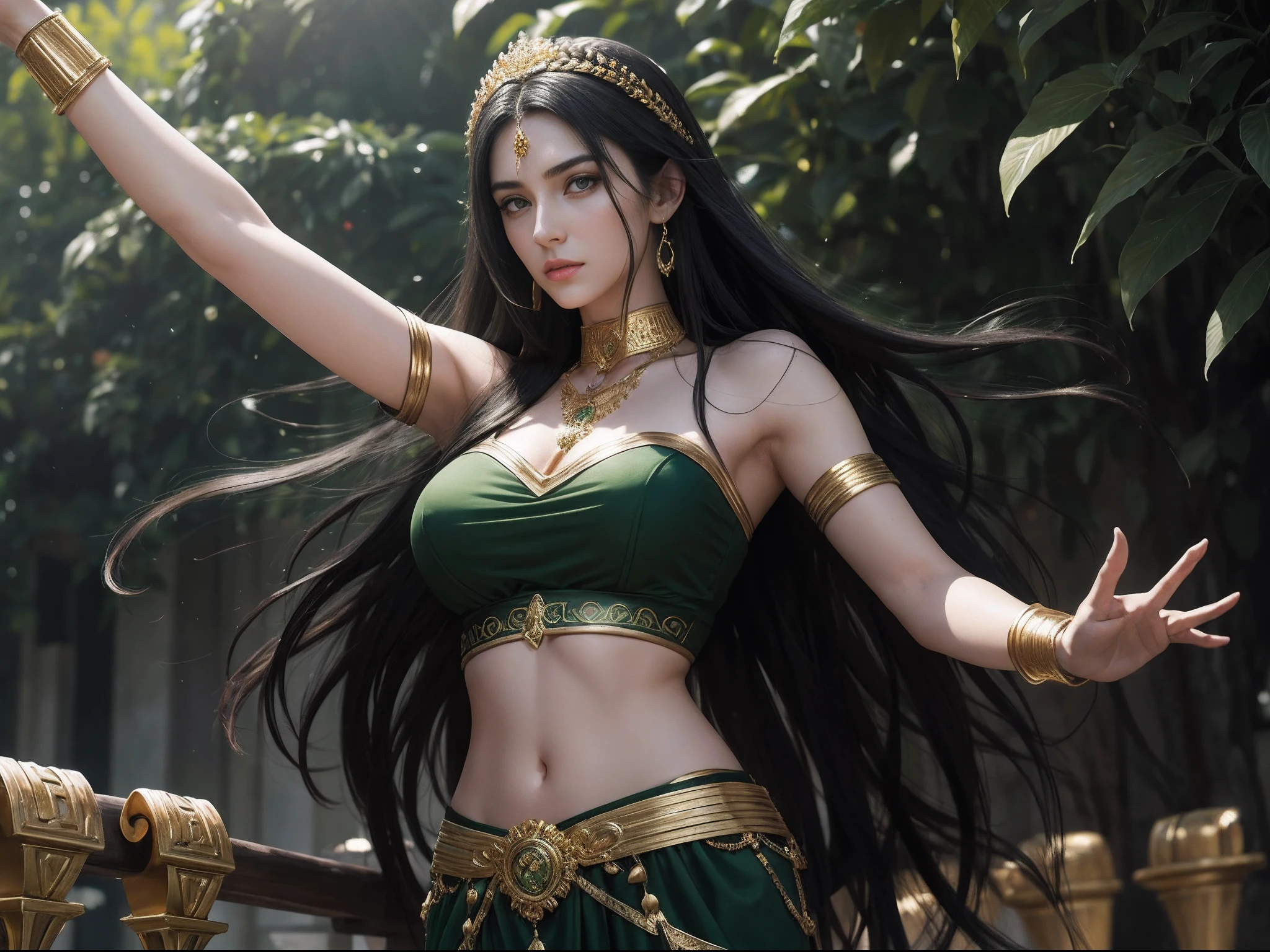 (A beautiful 25 years old female greek maiden), (long black hair), (pale skin), (detailed sweaty appearance), (serious face), (wearing green colored revealing greek maiden outfit with golden jeweleries), view from front, waist up shot, dynamic pose, ambient lighting, photo realism, intricate face detail, intricate hand details, highly detailed, vibrant colors, cinematic, high definition, trending on Artstation--style raw